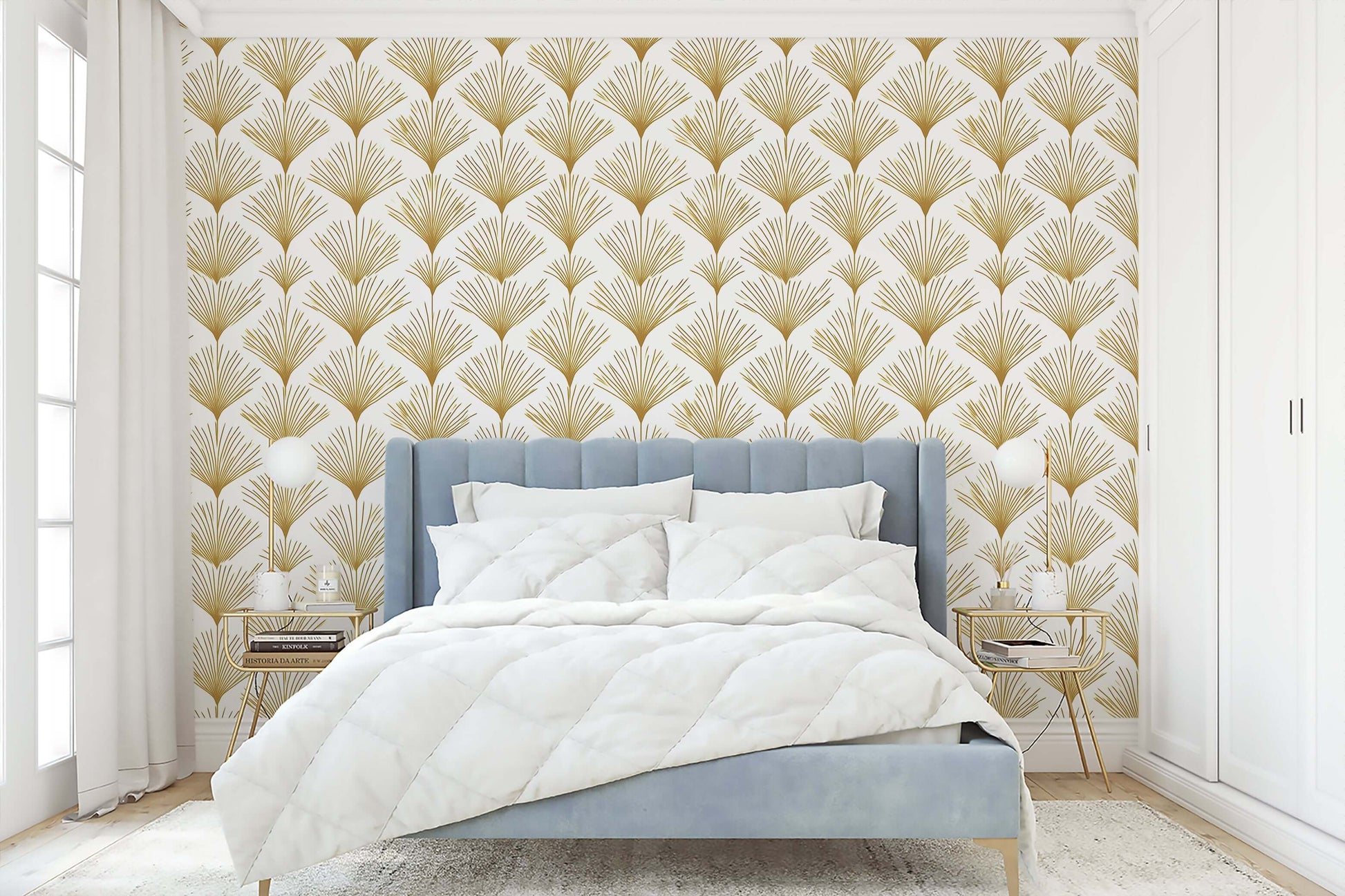 Bedroom with Golden Deco Fan wallpaper featuring gold fan patterns, adding Art Deco elegance to the space.
