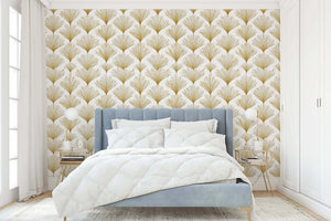 Bedroom with Golden Deco Fan wallpaper featuring gold fan patterns, adding Art Deco elegance to the space.