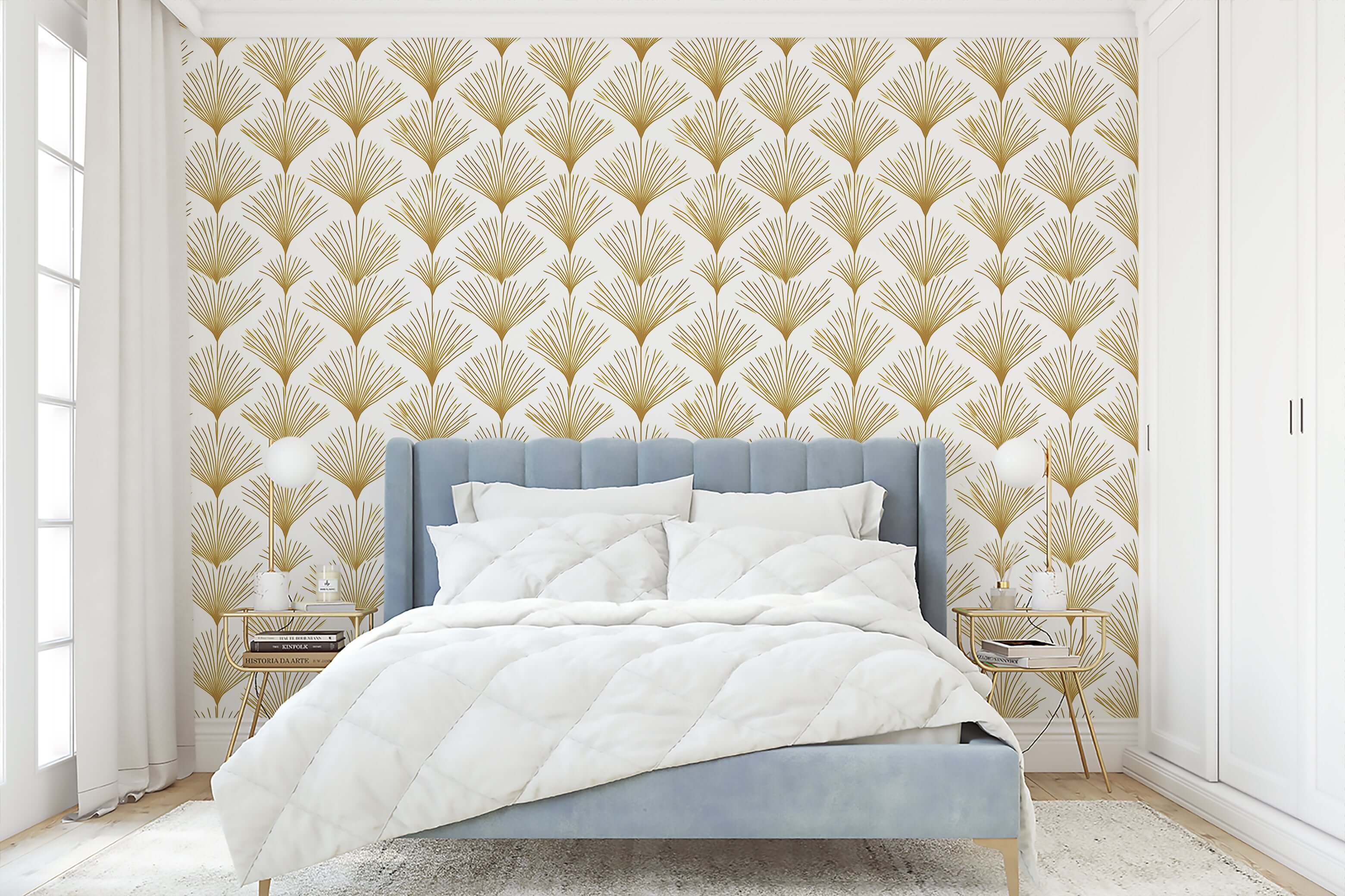 Bedroom with Golden Deco Fan wallpaper featuring gold fan patterns, adding Art Deco elegance to the space.