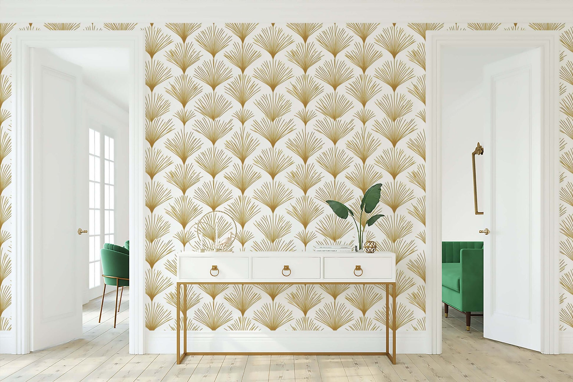 Art Deco wallpaper with gold fan patterns on white background in elegant living space, enhancing glamour and sophistication.