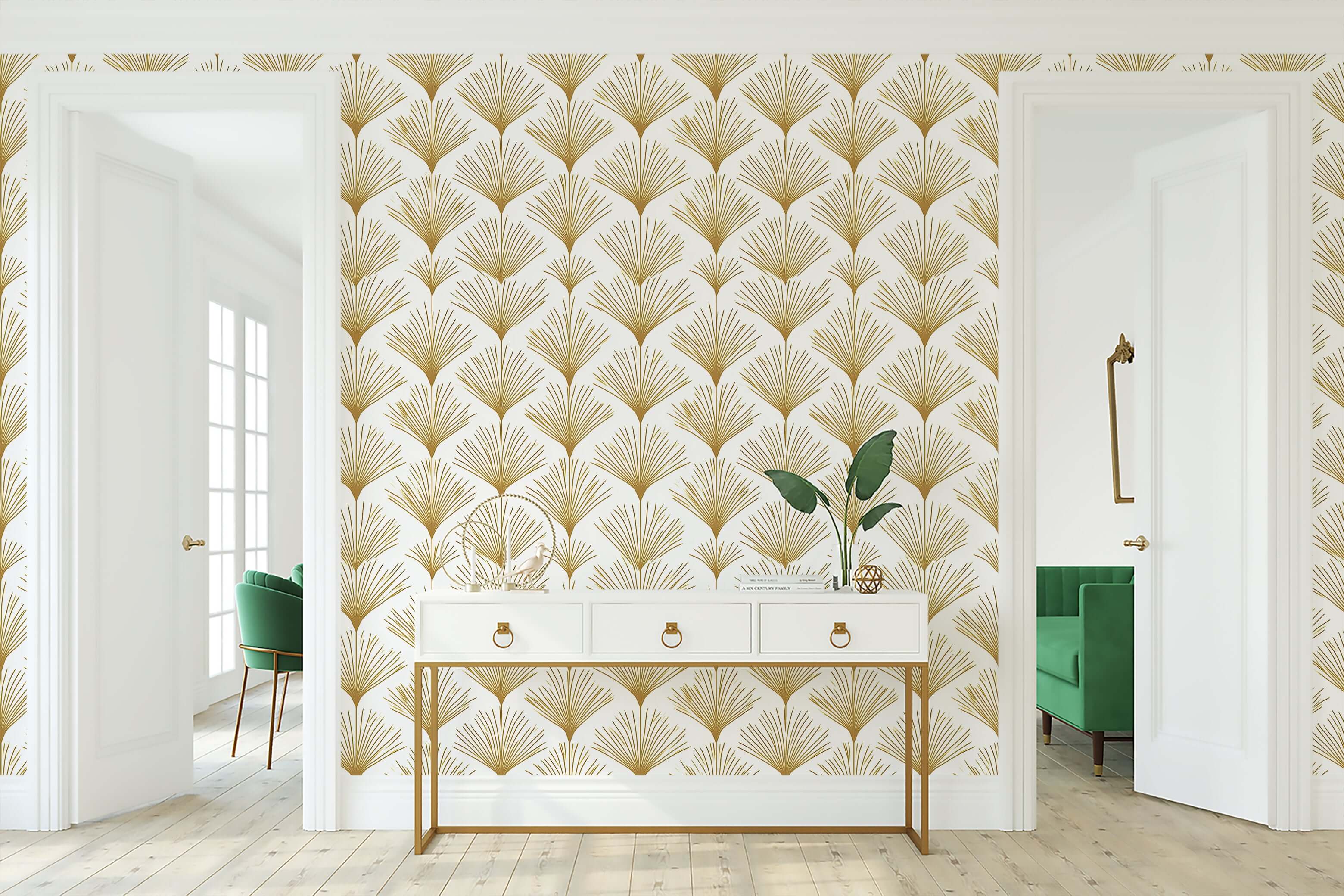 Art Deco wallpaper with gold fan patterns on white background in elegant living space, enhancing glamour and sophistication.