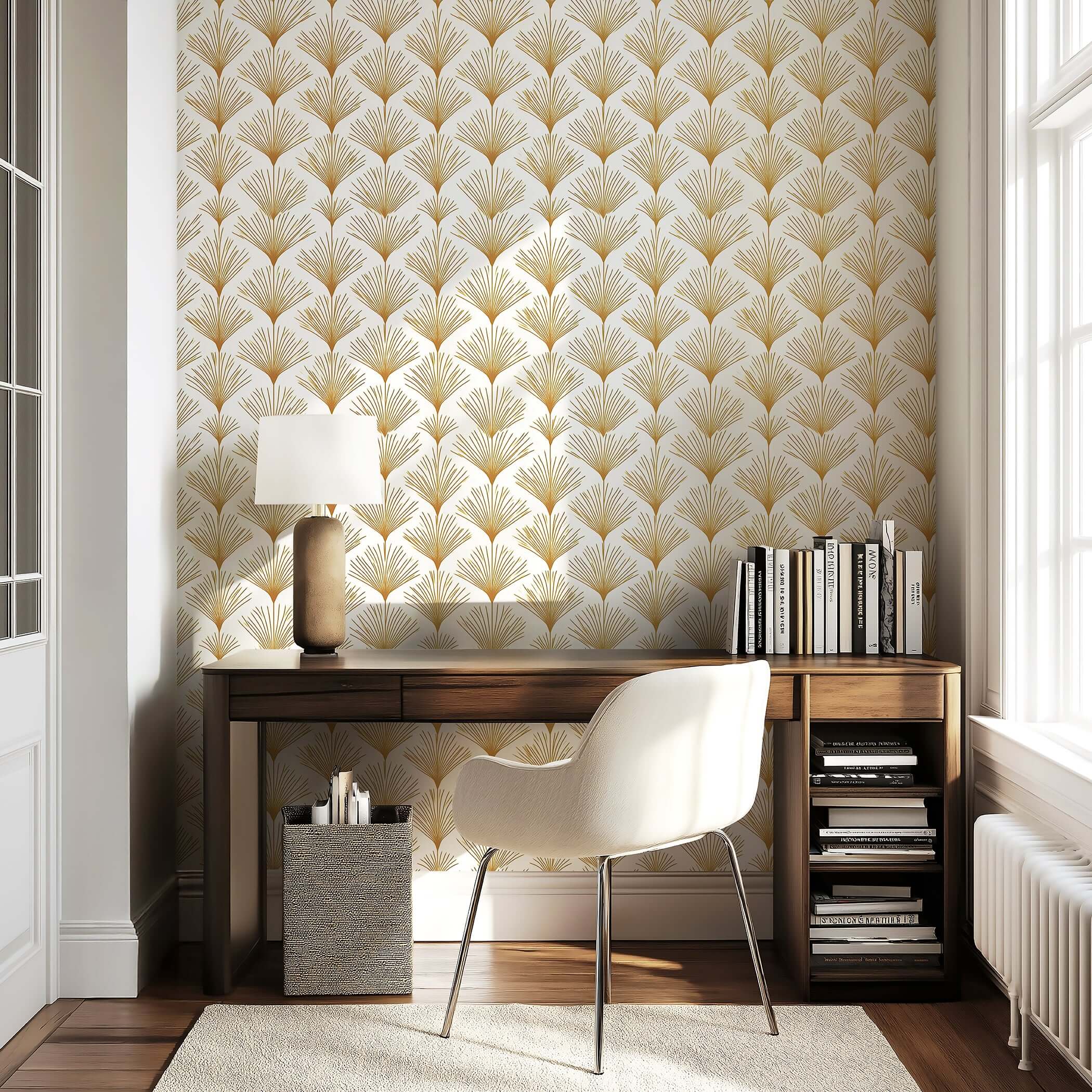 Office room with Golden Deco Fan wallpaper showcasing art deco gold fan patterns on a white background, enhancing a chic atmosphere.