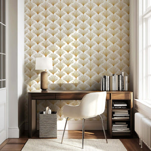 Office room with Golden Deco Fan wallpaper showcasing art deco gold fan patterns on a white background, enhancing a chic atmosphere.