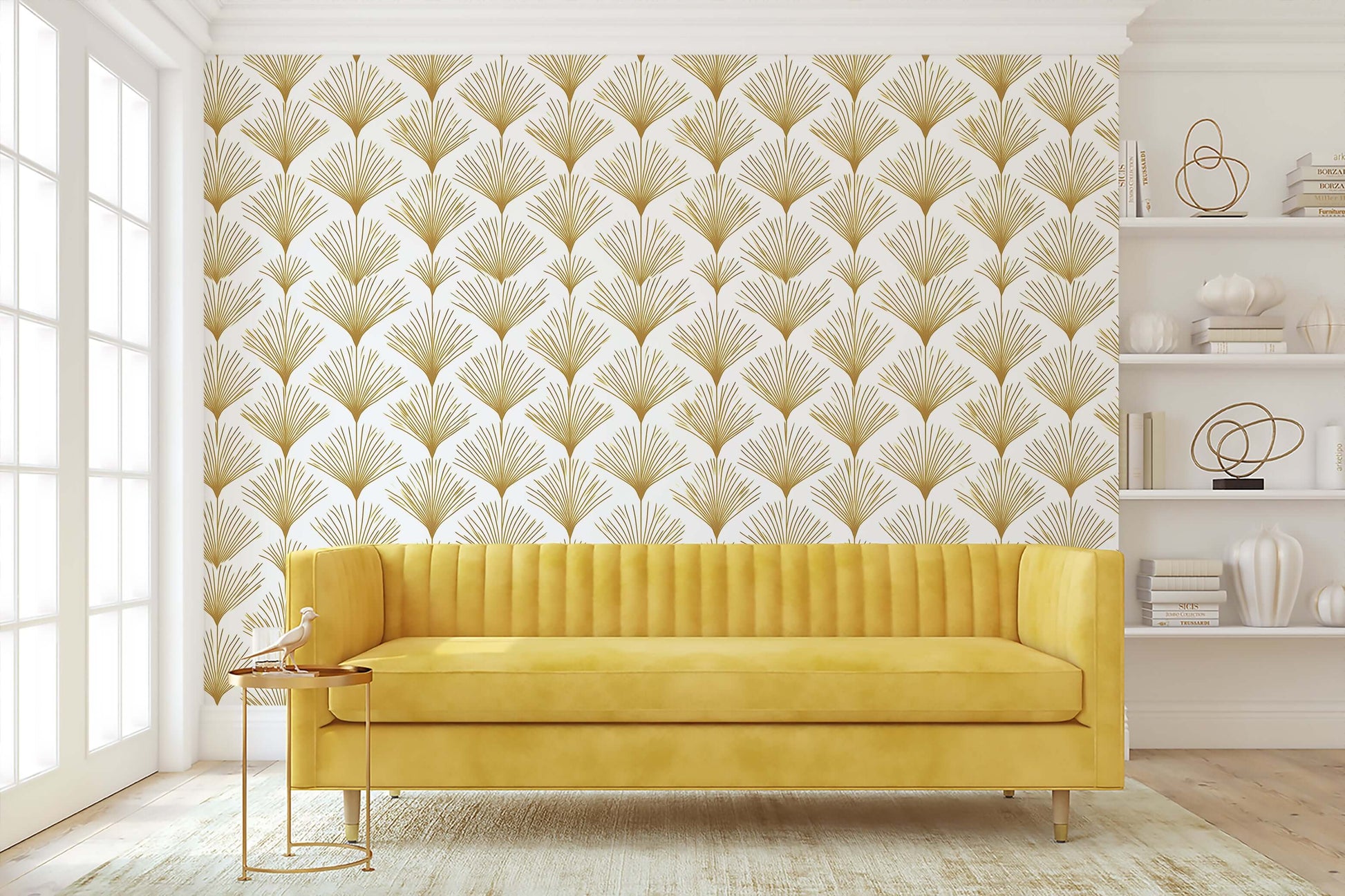 Golden Deco Fan wallpaper with gold art deco fan patterns in a modern living room, enhancing elegance and contemporary minimalism.