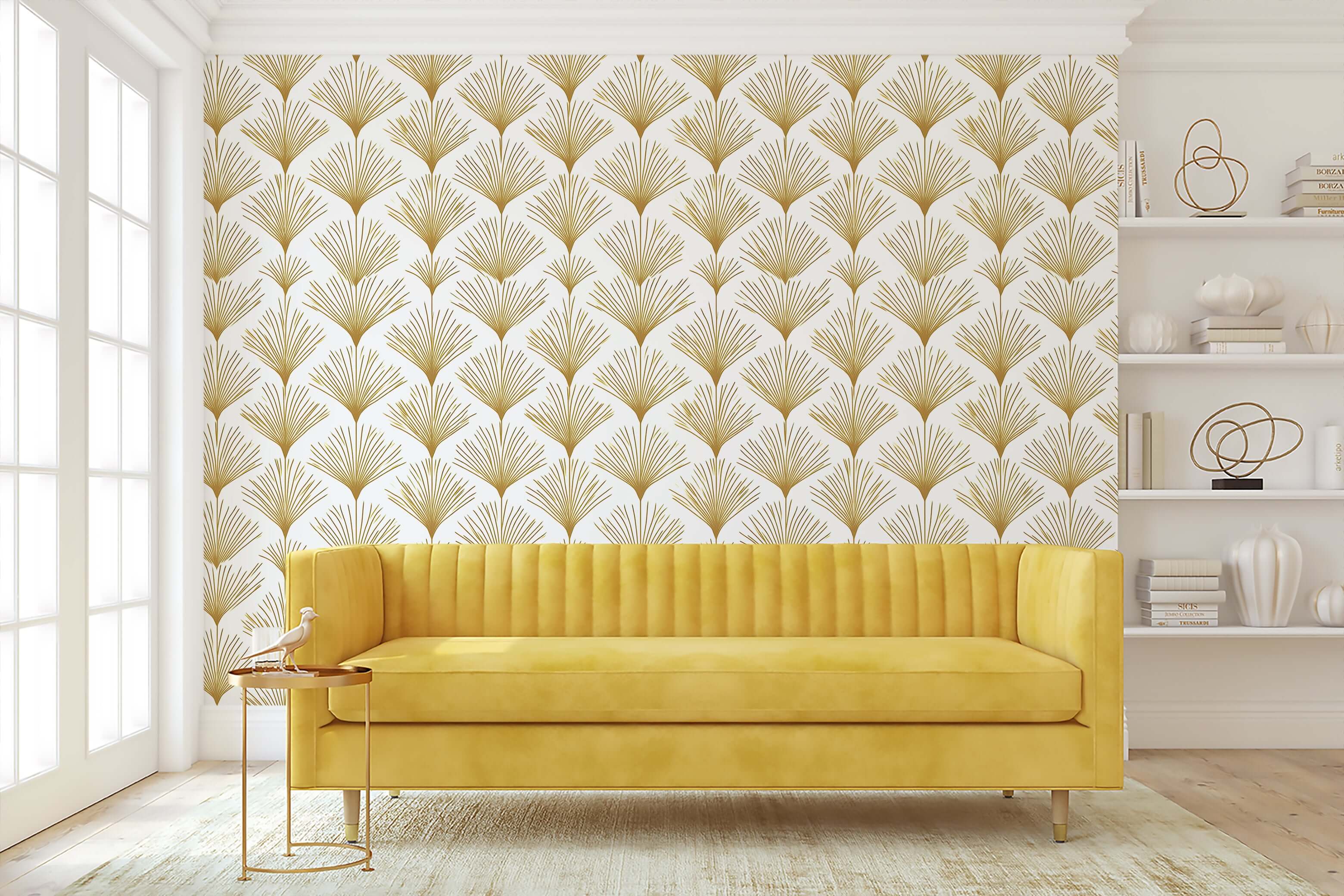 Golden Deco Fan wallpaper with gold art deco fan patterns in a modern living room, enhancing elegance and contemporary minimalism.