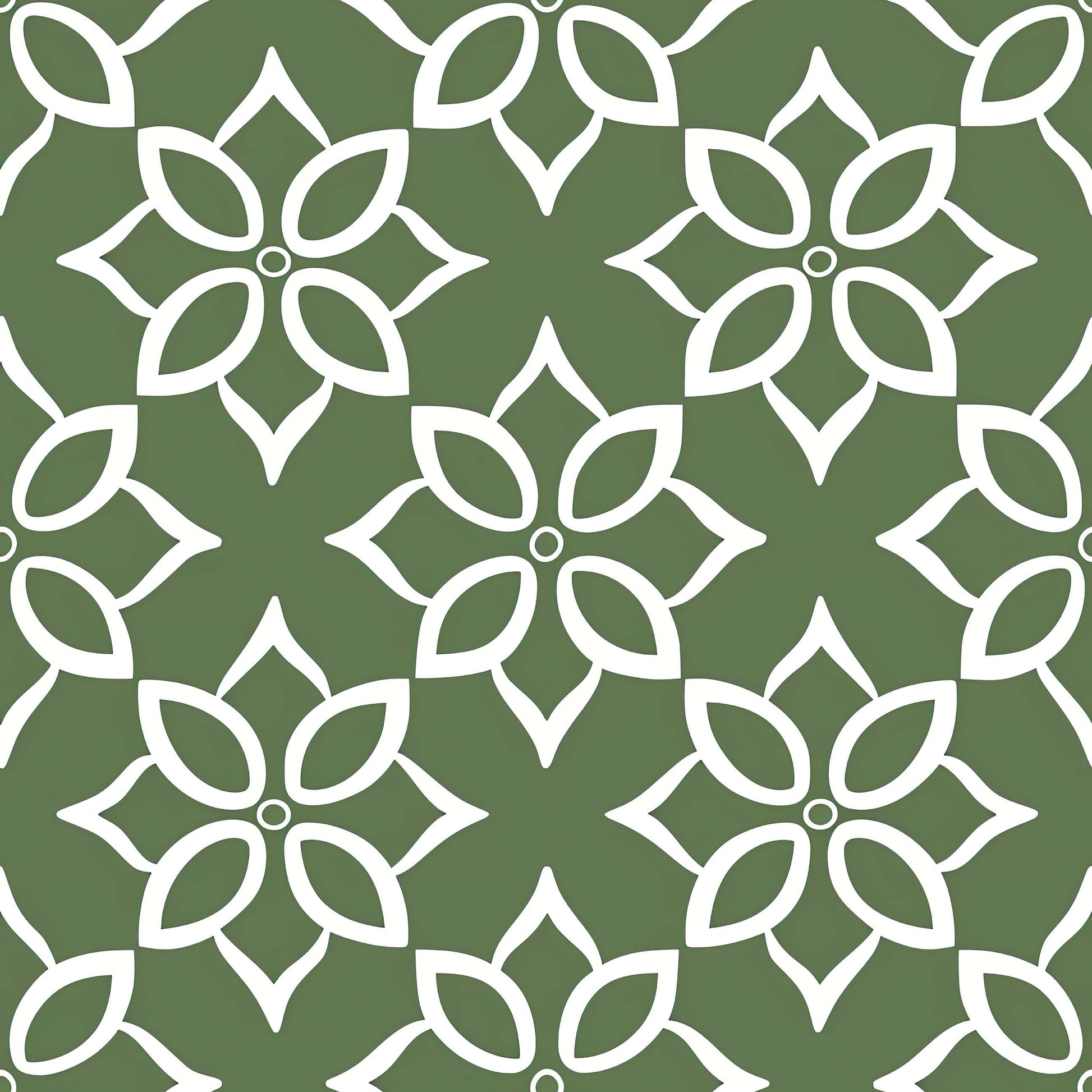 Geometric modern wallpaper with white floral patterns on a sage green background, ideal for accent walls and creative spaces.