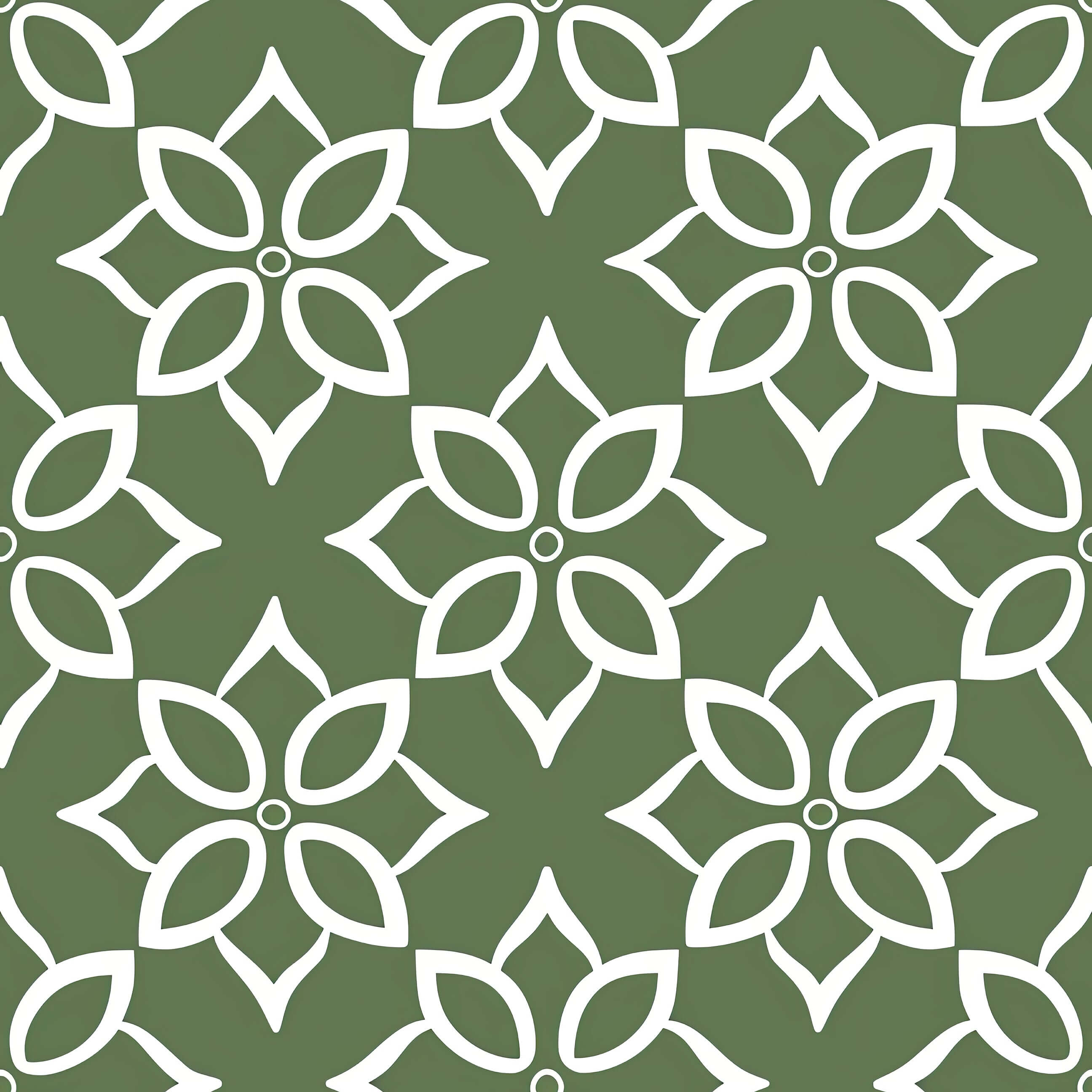 Geometric modern wallpaper with white floral patterns on a sage green background, ideal for accent walls and creative spaces.