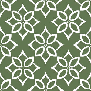 Geometric modern wallpaper with white floral patterns on a sage green background, ideal for accent walls and creative spaces.