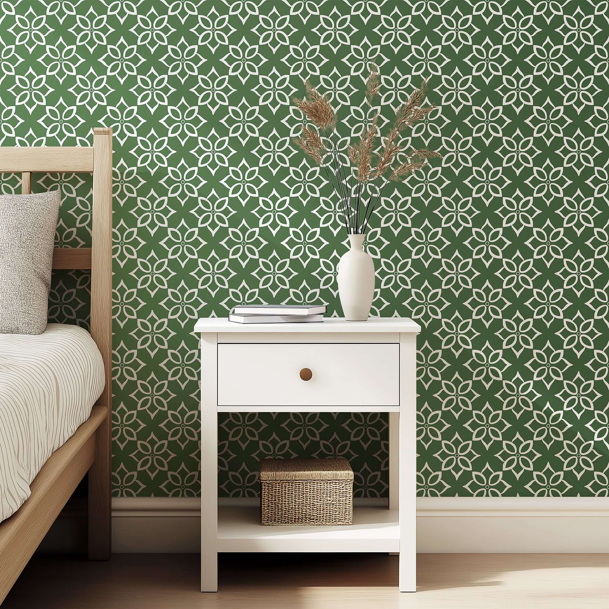 Modern geometric floral wallpaper in sage green with white patterns, perfect for accent walls and creative spaces.