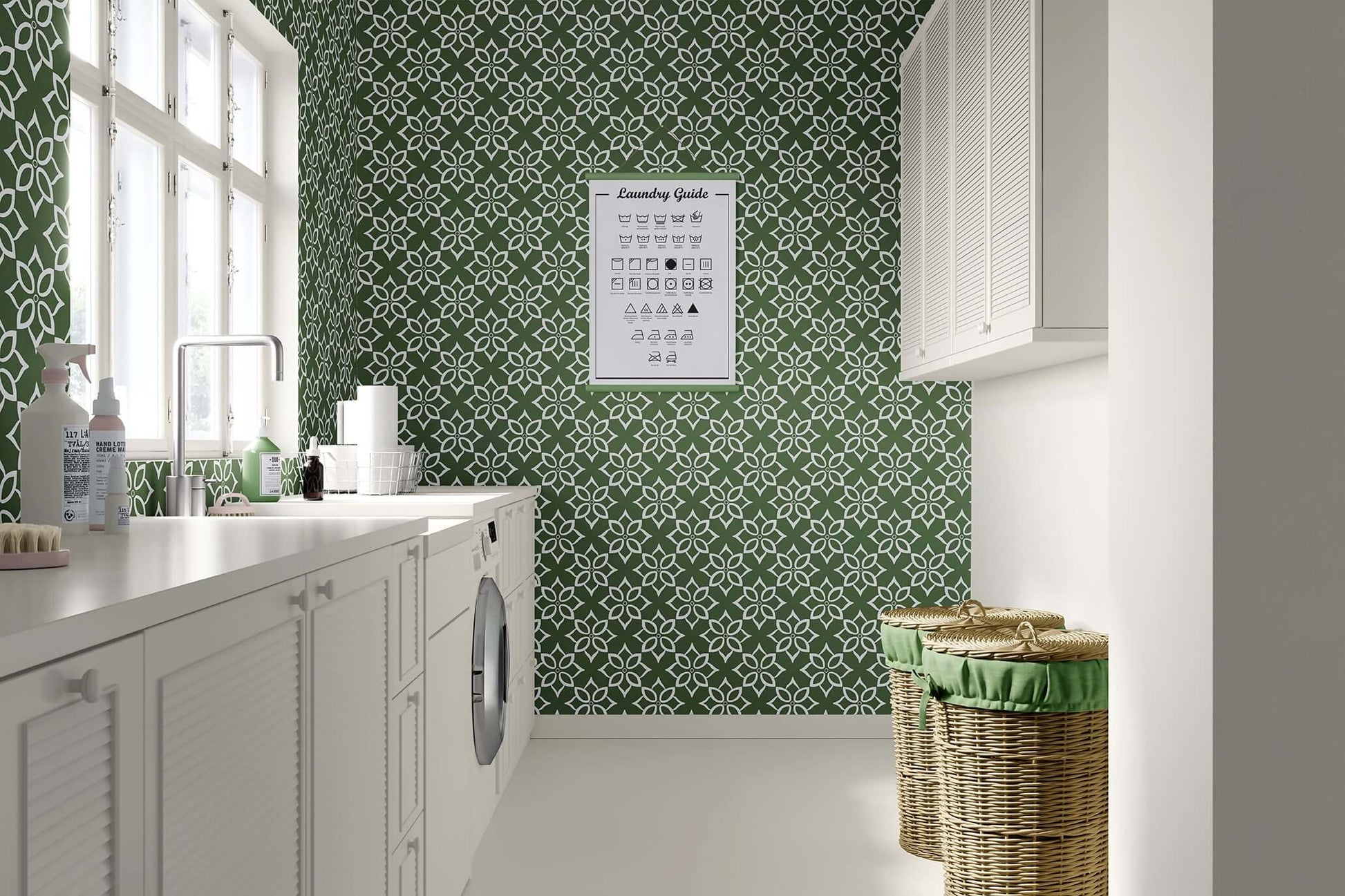 Modern laundry room with geometric tile wallpaper in sage green and white, featuring an organized interior design.