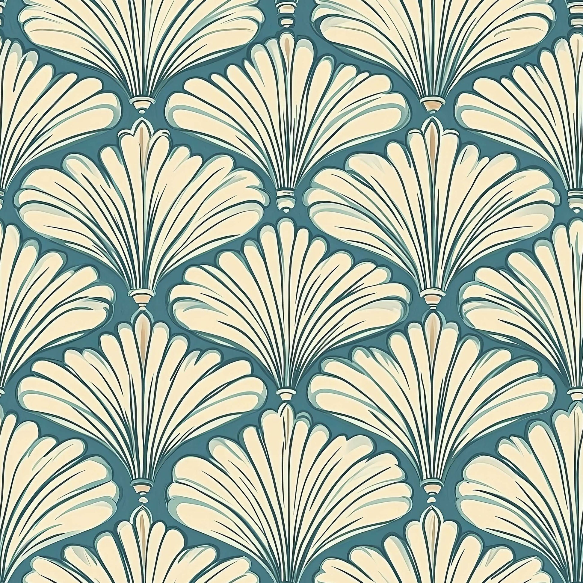 Art Deco wallpaper with cream and teal fan motifs, coastal influence design for living room and boutique interiors.