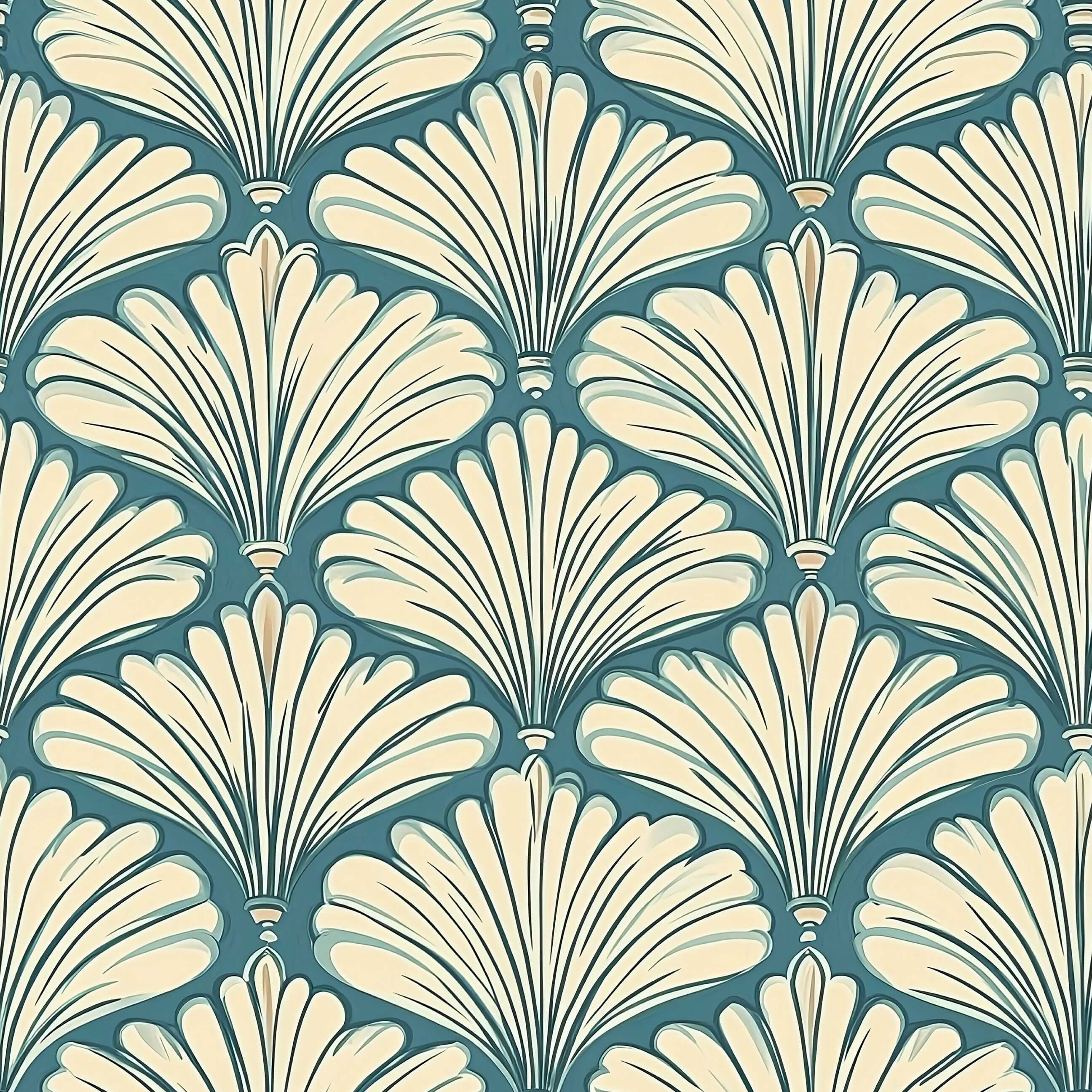 Art Deco wallpaper with cream and teal fan motifs, coastal influence design for living room and boutique interiors.