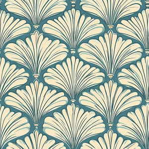 Art Deco wallpaper with cream and teal fan motifs, coastal influence design for living room and boutique interiors.