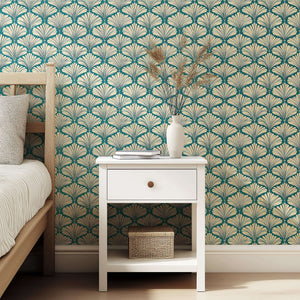 Ocean Mirage Deco wallpaper with Art Deco fan motifs in cream and teal, featuring coastal influence, ideal for stylish interiors.