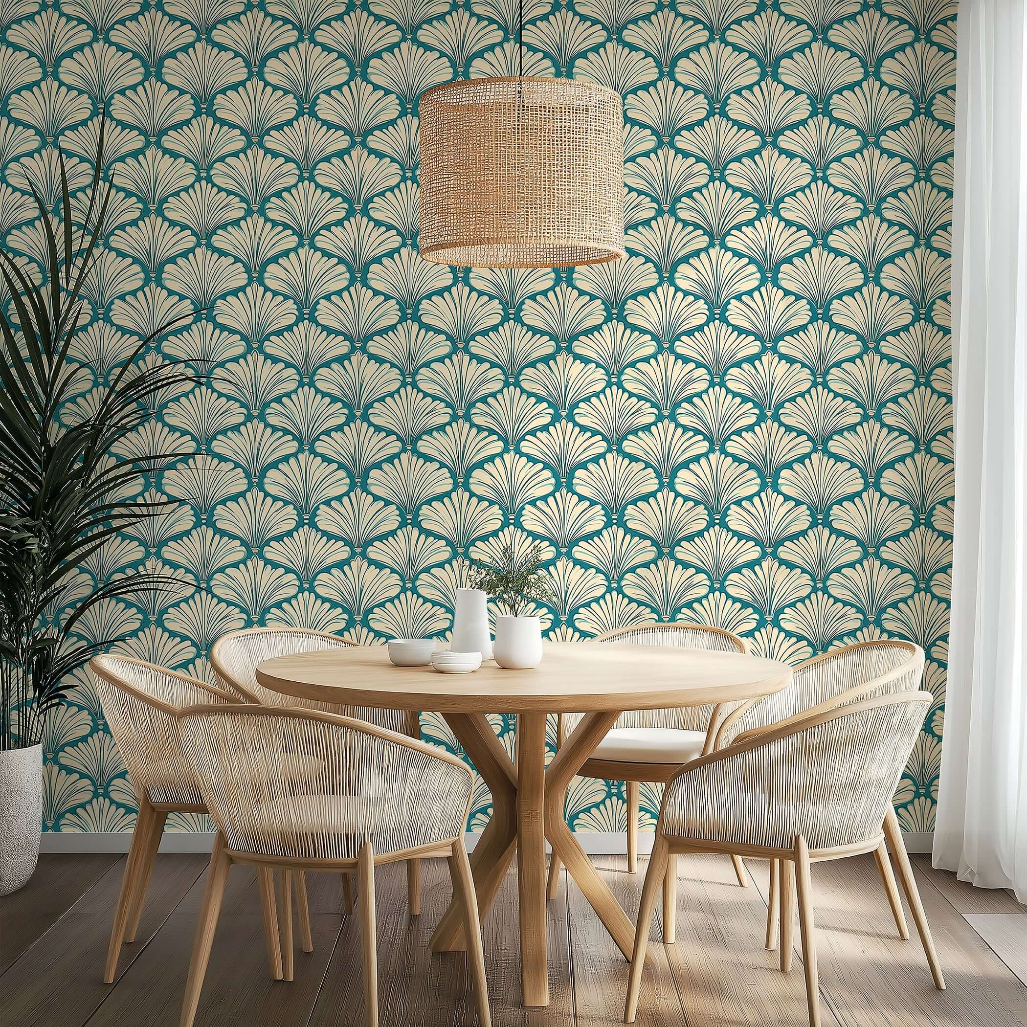 Art Deco wallpaper with teal and cream fan motifs, adding coastal elegance and style to dining room decor.