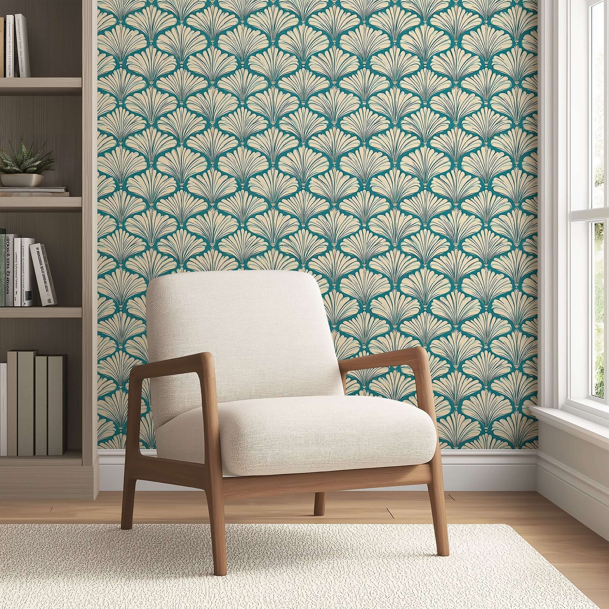 Art Deco coastal wallpaper with teal and cream fan motifs enhancing a cozy living room setting.