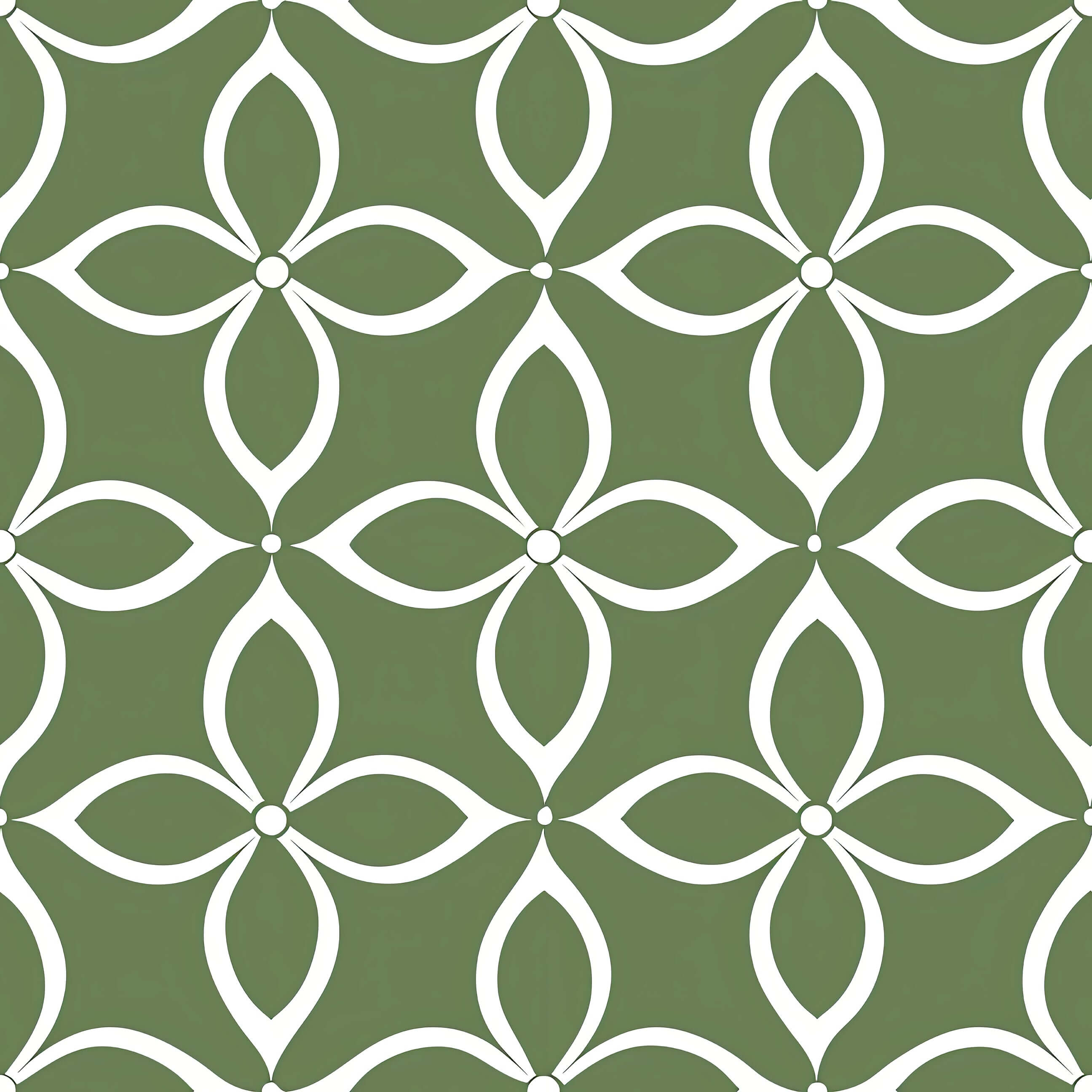Geometric Verdant Minimalism Wallpaper with floral-inspired white patterns on sage green, ideal for modern interiors.
