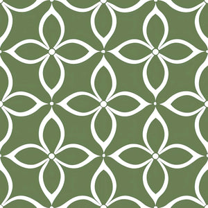 Geometric Verdant Minimalism Wallpaper with floral-inspired white patterns on sage green, ideal for modern interiors.