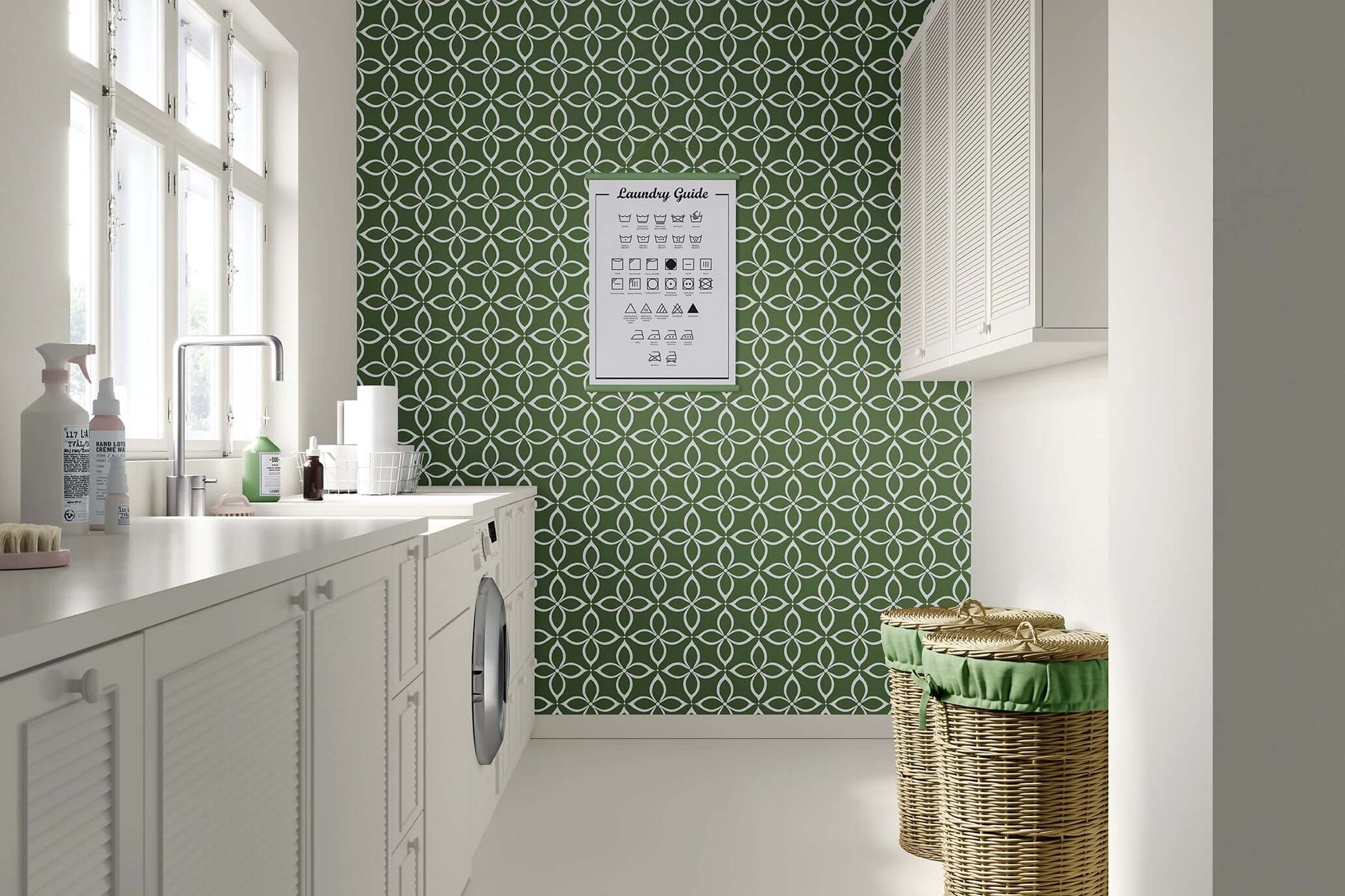 Laundry room with Verdant Minimalism wallpaper featuring geometric floral design in sage green and white, modern tile-like pattern.