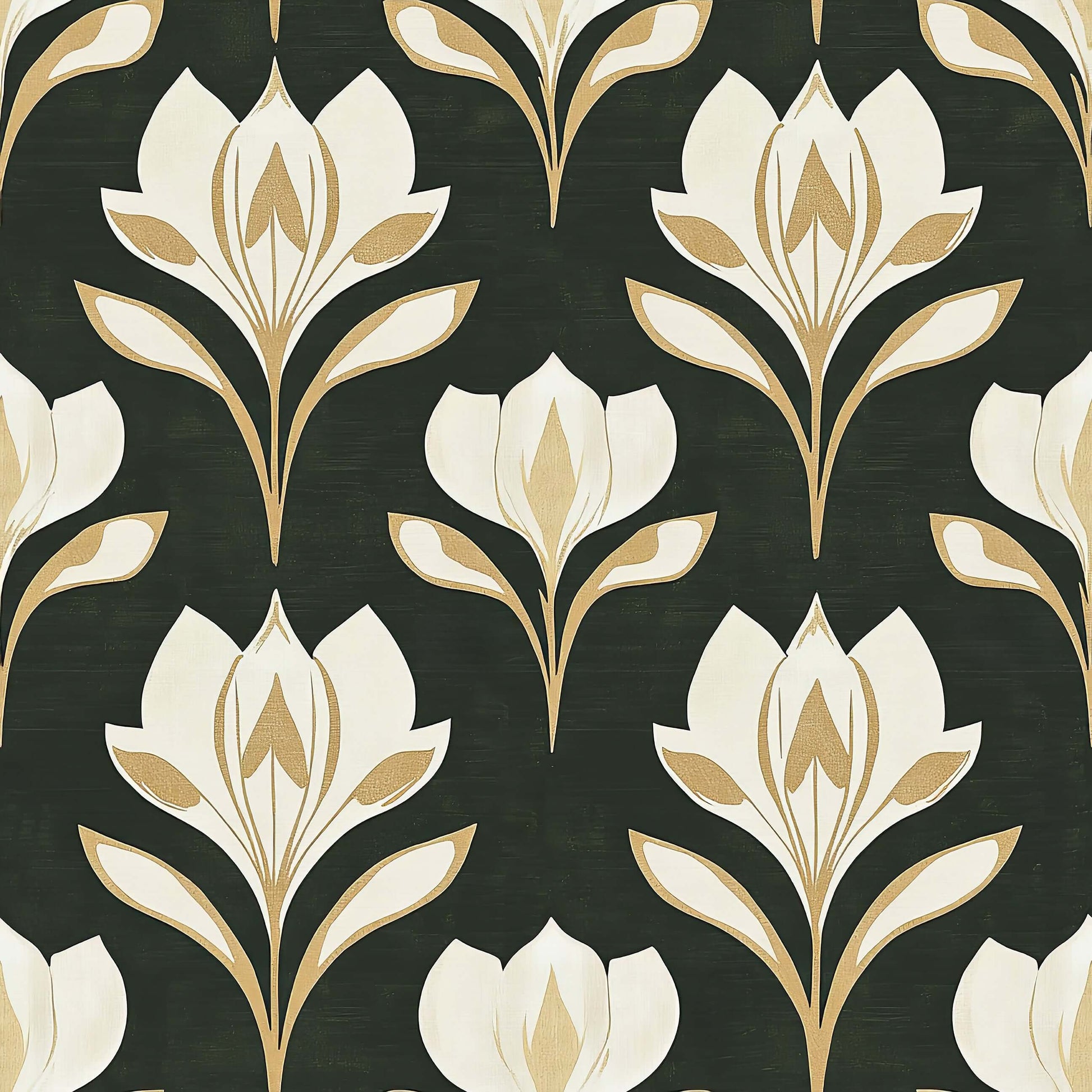Ivory Petal Noir wallpaper with art nouveau florals, in ivory and gold on a noir background, perfect for elegant accent walls.
