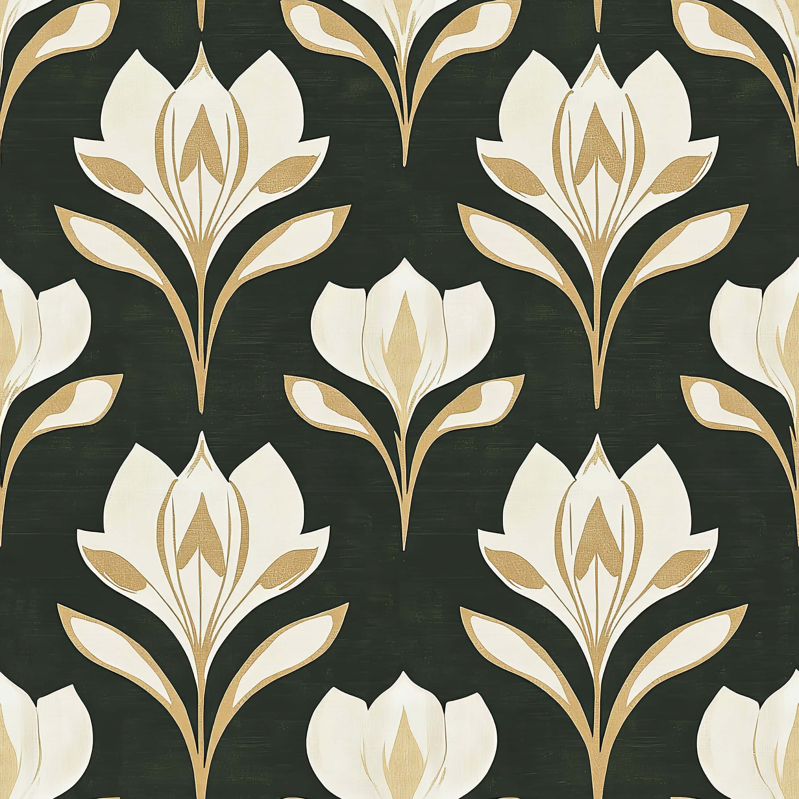 Ivory Petal Noir wallpaper with art nouveau florals, in ivory and gold on a noir background, perfect for elegant accent walls.