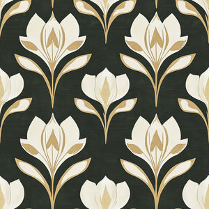 Ivory Petal Noir wallpaper with art nouveau florals, in ivory and gold on a noir background, perfect for elegant accent walls.