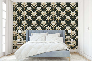 Ivory Petal Noir wallpaper with art nouveau florals in a bedroom, featuring ivory petals on a noir background, ideal for accent walls.
