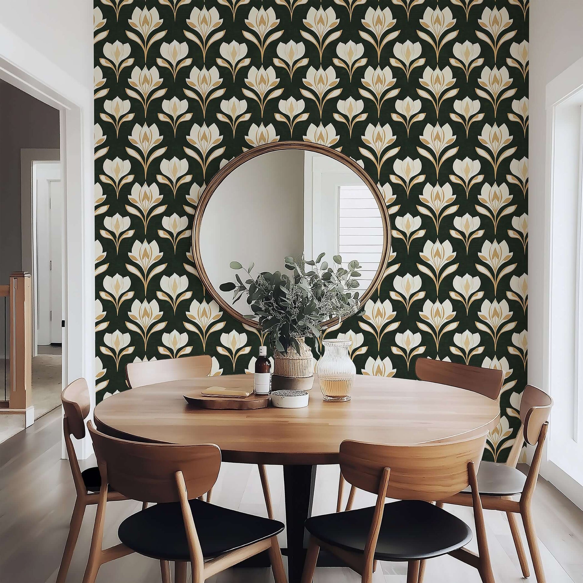 Ivory Petal Noir wallpaper with art nouveau florals and damask design in a dining room setting.