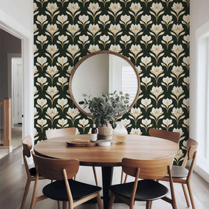 Ivory Petal Noir wallpaper with art nouveau florals and damask design in a dining room setting.