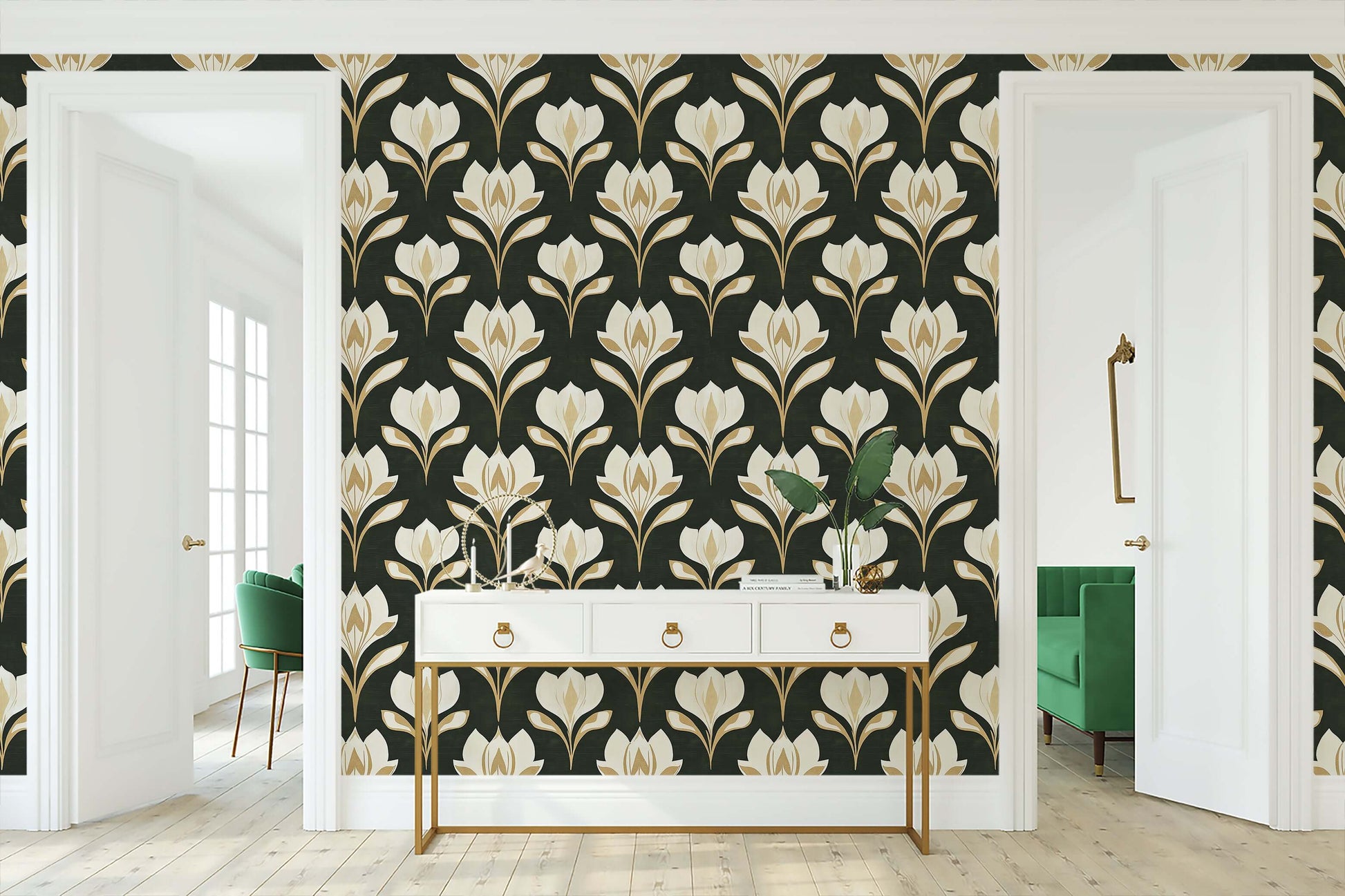 Art nouveau ivory petal ivory wallpaper with floral damask pattern on a noir background, embodying timeless elegance and style.