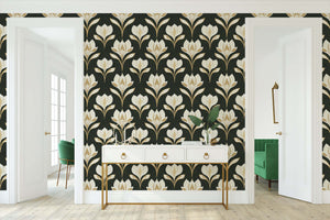 Art nouveau ivory petal ivory wallpaper with floral damask pattern on a noir background, embodying timeless elegance and style.
