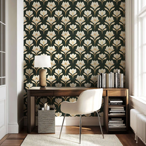 Ivory Petal Noir Wallpaper featuring Art Nouveau floral design with ivory petals on a noir background, ideal for elegant home decor.