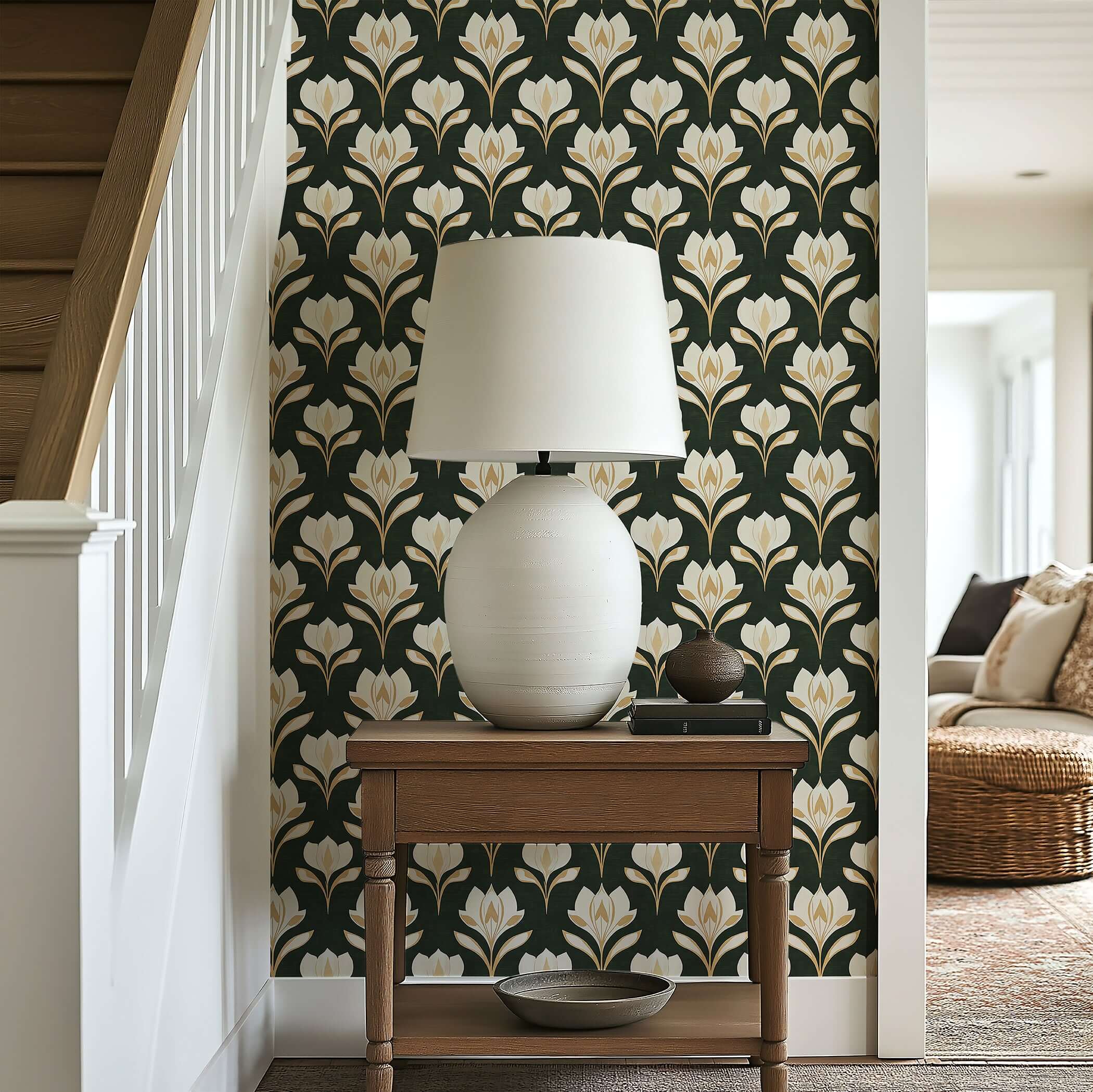 Ivory Petal Noir wallpaper with art nouveau damask florals, featuring ivory petals and golden accents on a noir background.