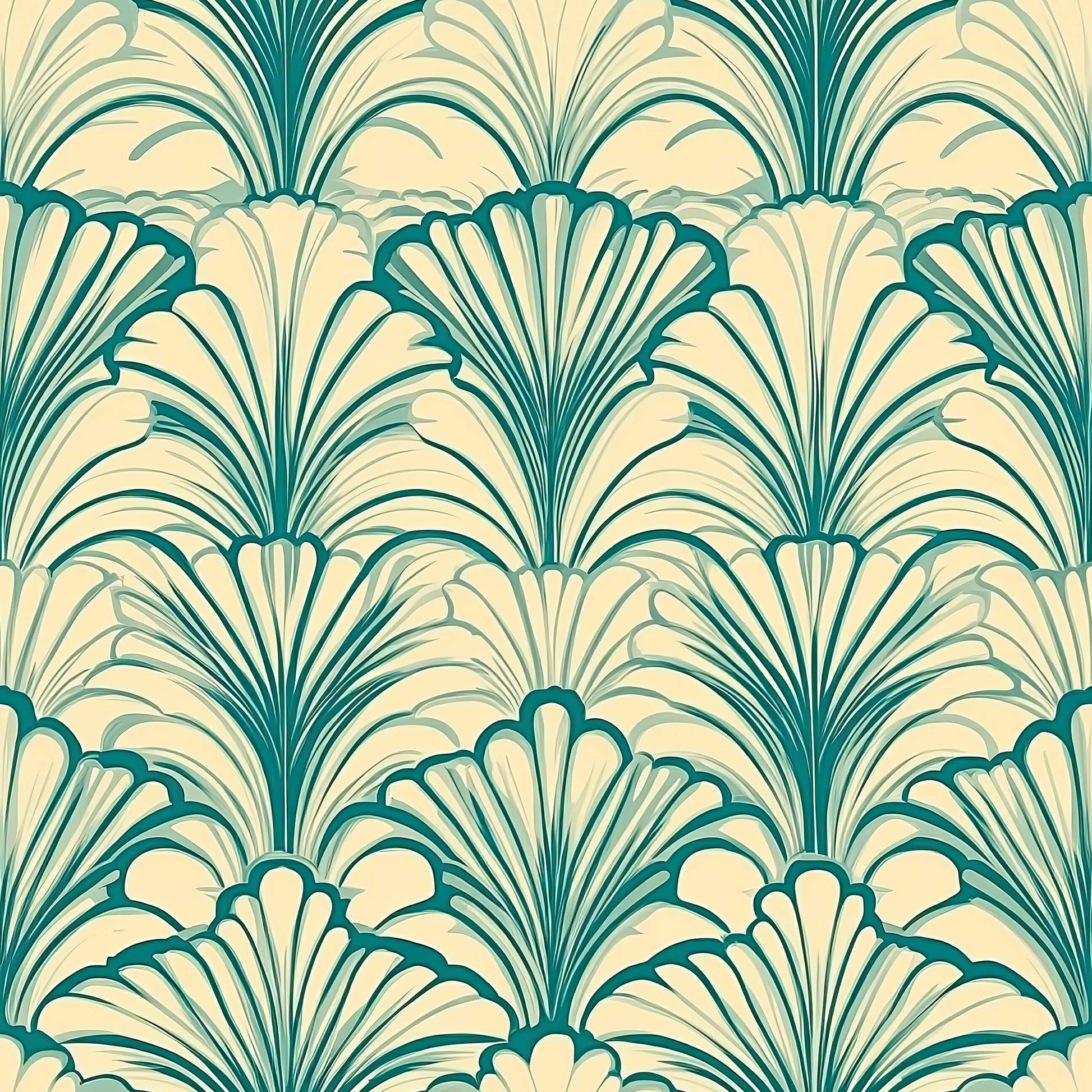 Art Deco wallpaper with teal fan motifs on a sandy background, showcasing coastal elegance and vintage style for interiors.
