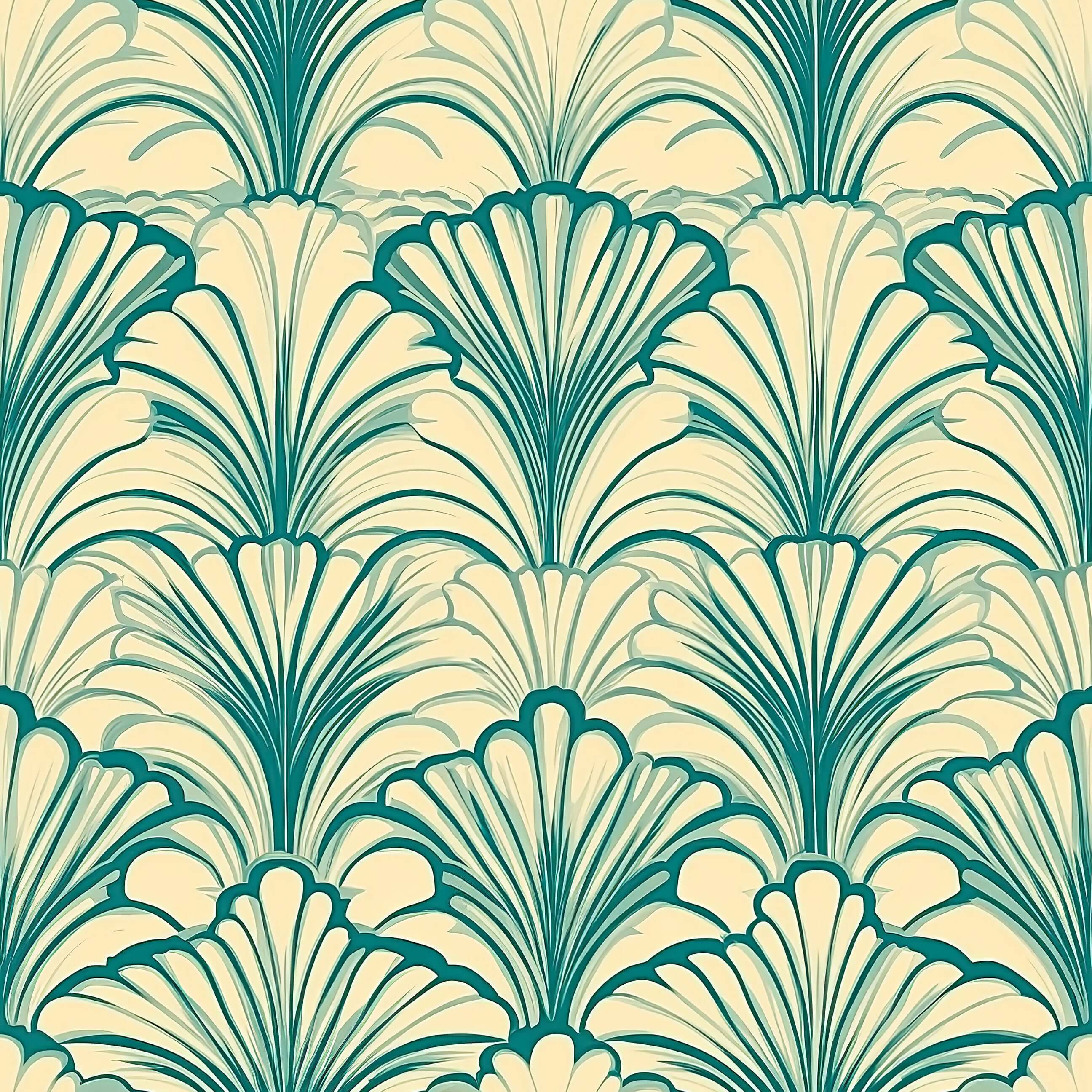Art Deco wallpaper with teal fan motifs on a sandy background, showcasing coastal elegance and vintage style for interiors.