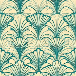 Art Deco wallpaper with teal fan motifs on a sandy background, showcasing coastal elegance and vintage style for interiors.
