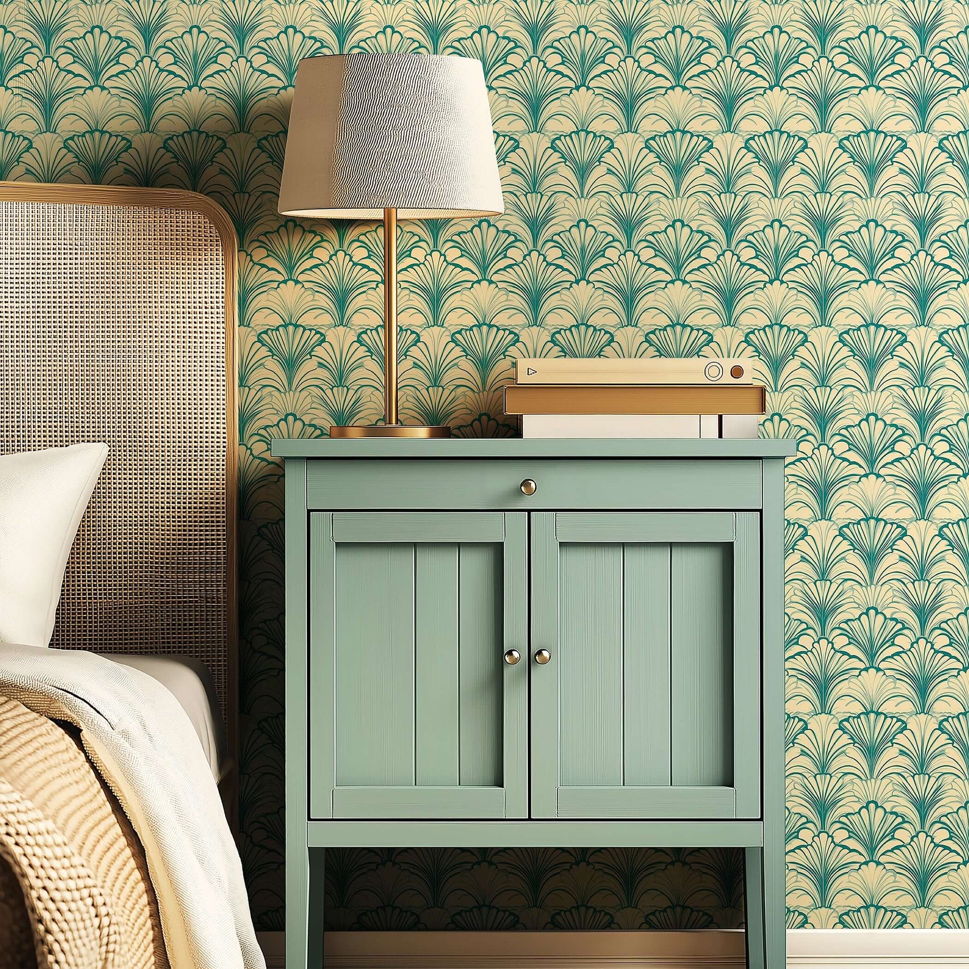 Art Deco coastal wallpaper with teal fan motifs and sandy background, styled with a lamp and books on a bedside table.