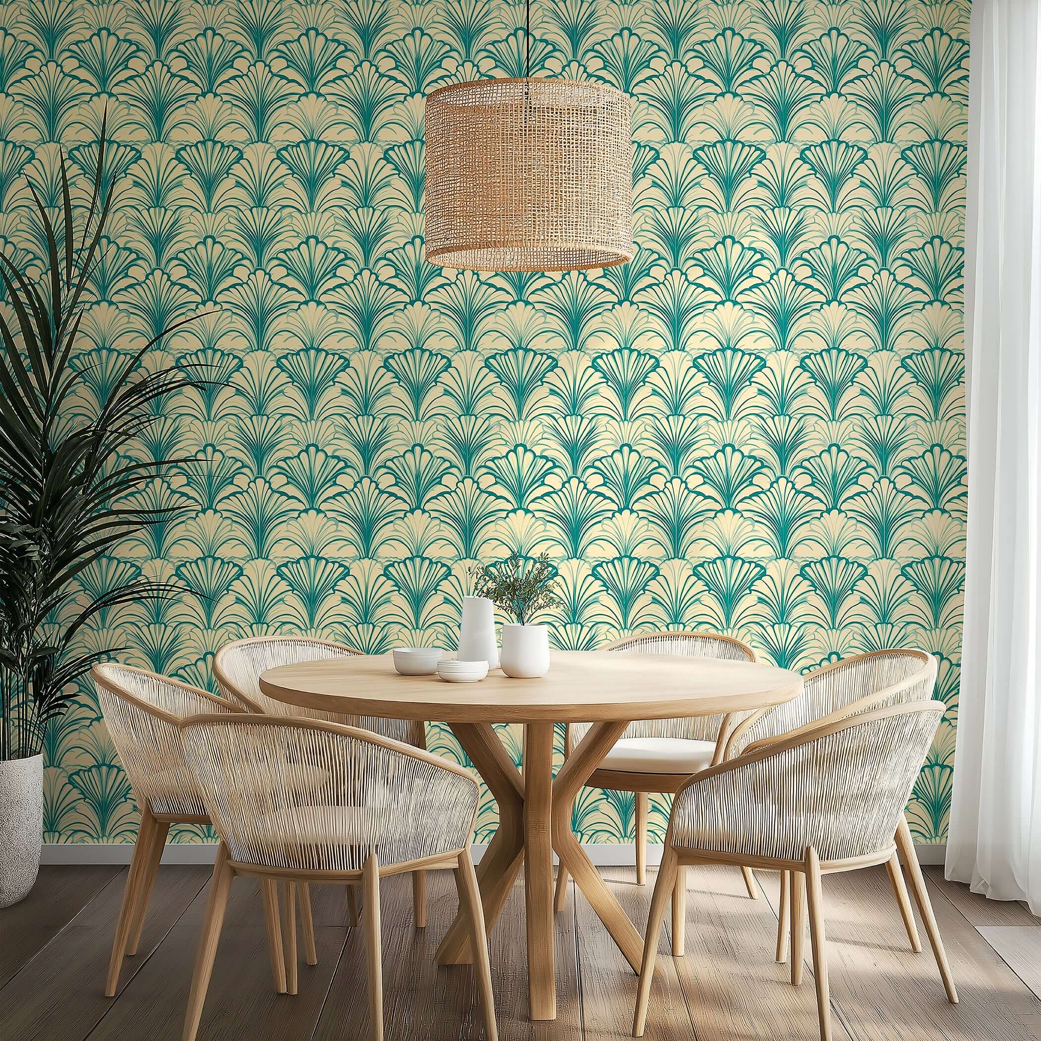Art Deco Blue Lagoon Fans wallpaper with teal motifs, adding a coastal influence to a dining room setting, enhancing elegance and charm.