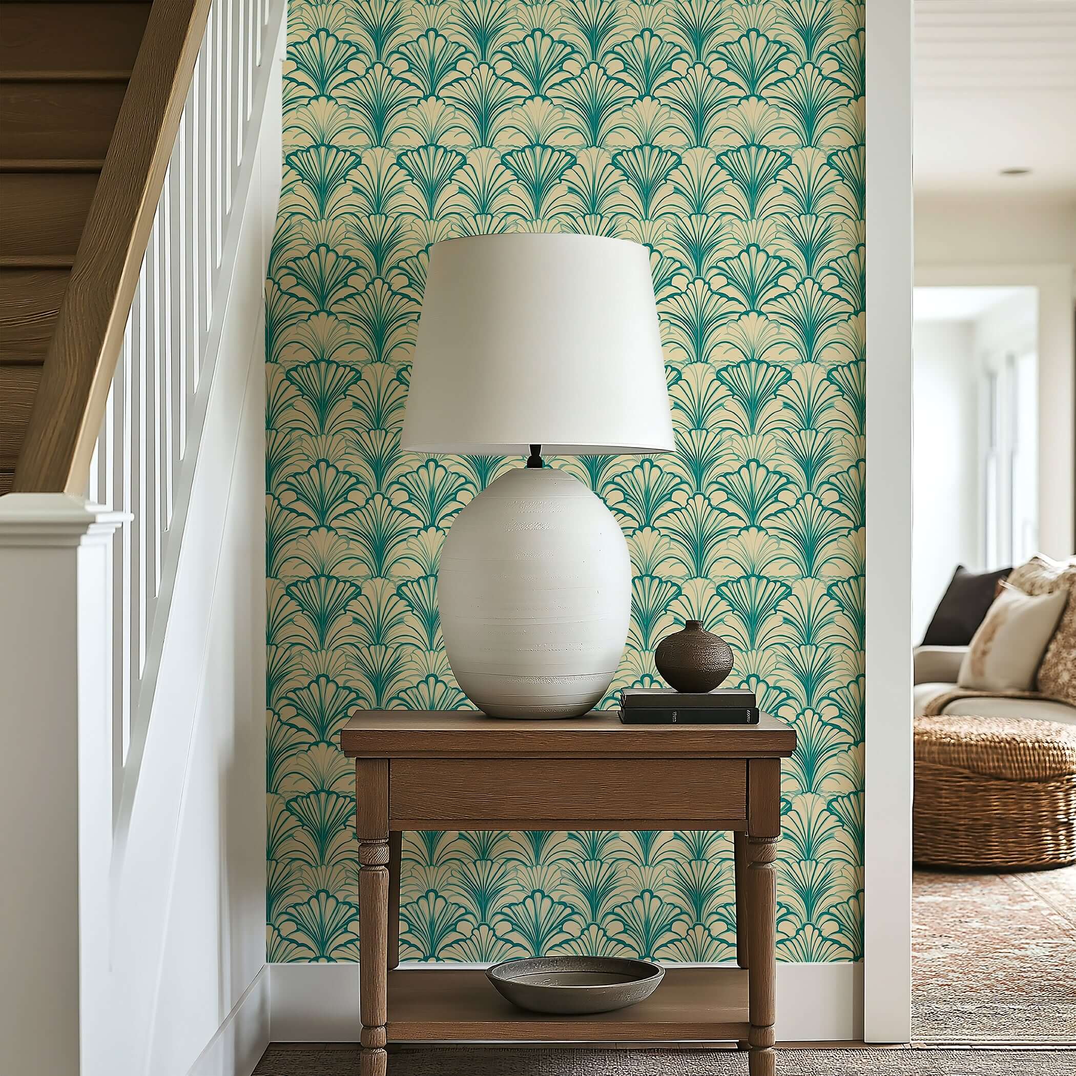 Art Deco coastal wallpaper with teal fan motifs on a sandy background, enhancing elegance and texture in a modern room setting.