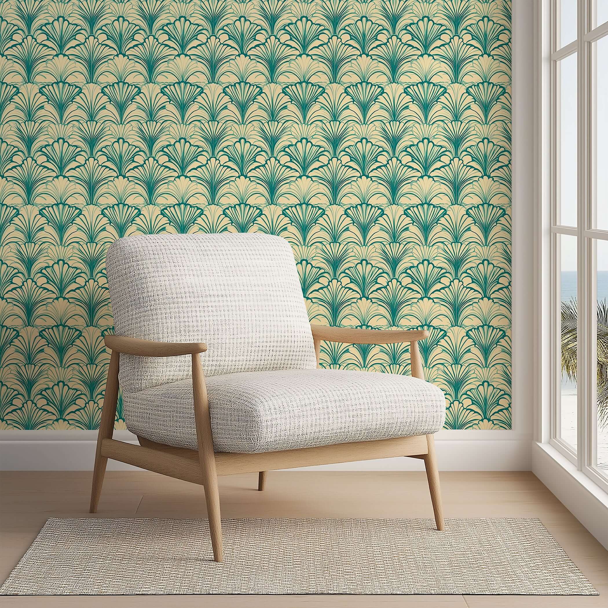 Art Deco wallpaper with teal fan motifs on a sandy background, enhancing the coastal elegance of a room with a cozy armchair.