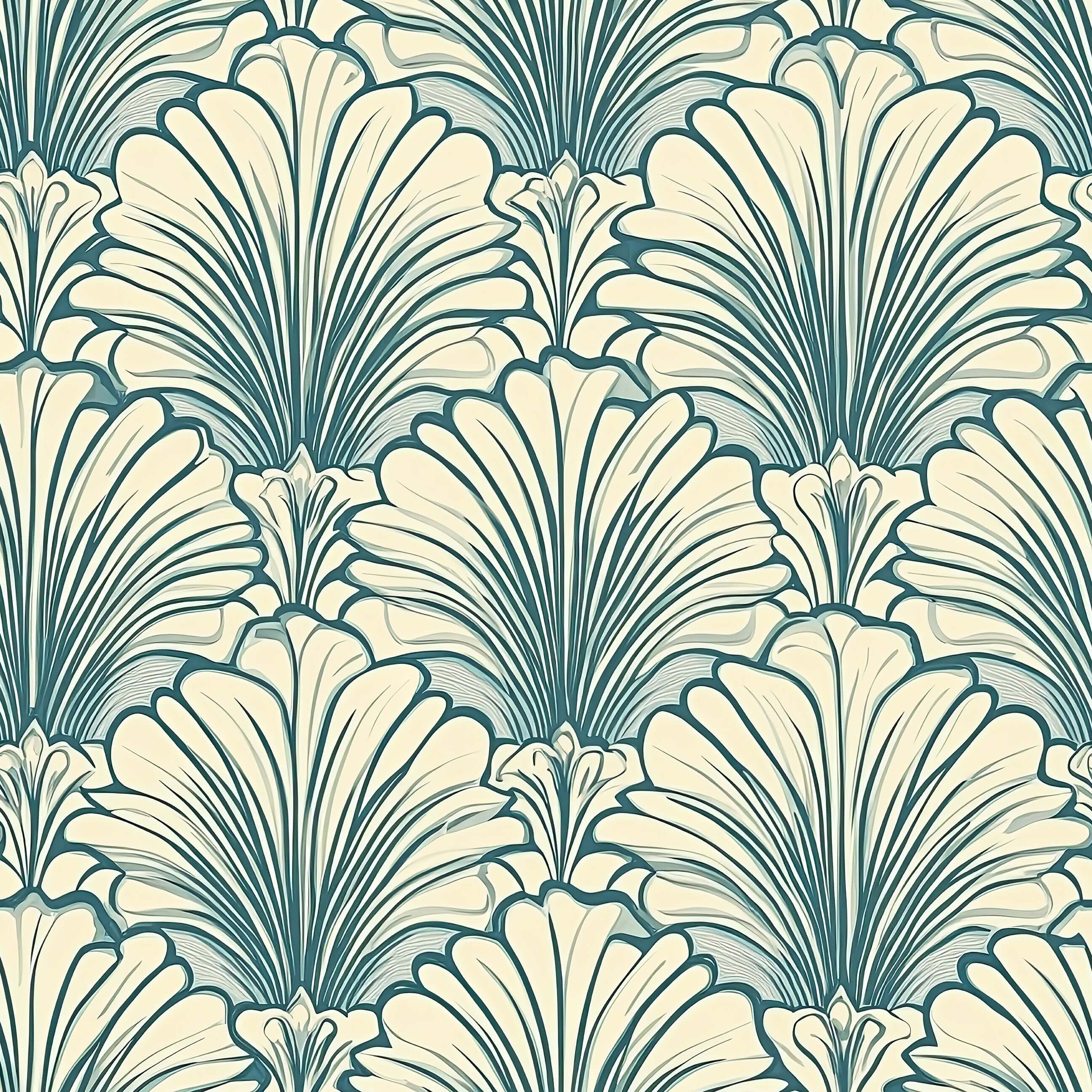 Art Deco fan motif wallpaper in teal and tan, showcasing coastal design with retro luxury for living rooms and bedrooms.