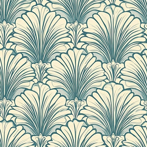 Art Deco fan motif wallpaper in teal and tan, showcasing coastal design with retro luxury for living rooms and bedrooms.