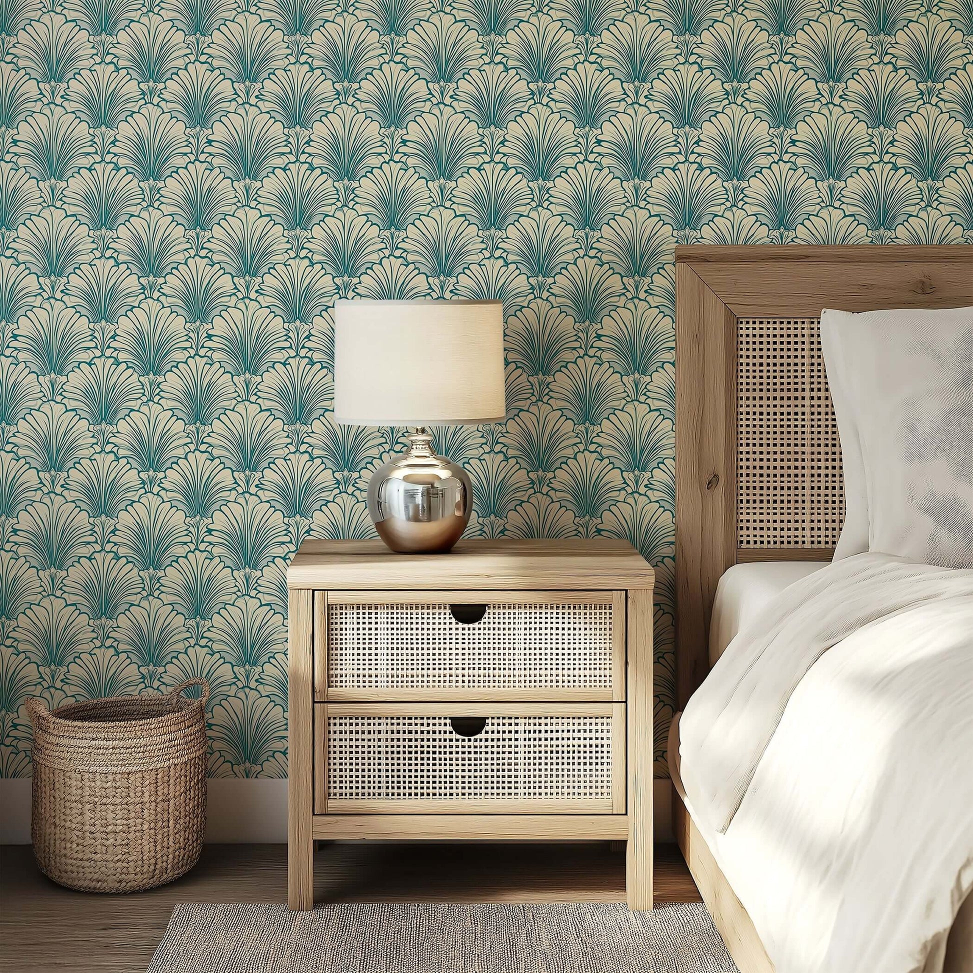 Art Deco teal and tan fan motif wallpaper in a stylish bedroom setting, evoking coastal luxury with a wooden nightstand and woven accents.