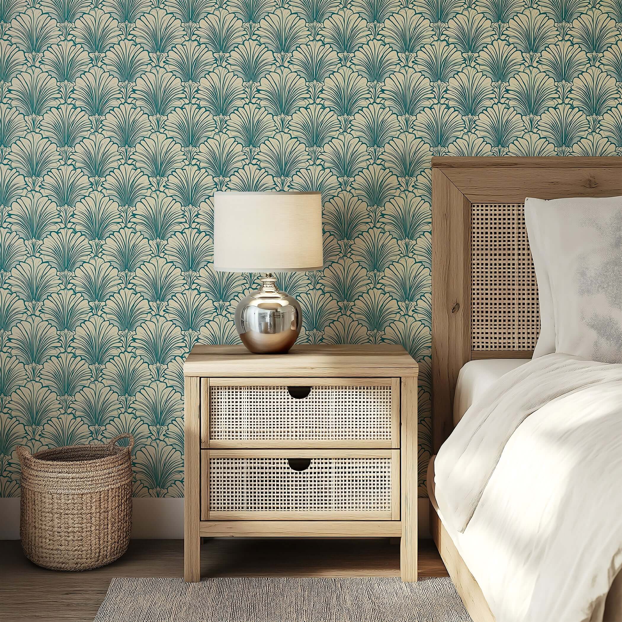 Art Deco teal and tan fan motif wallpaper in a stylish bedroom setting, evoking coastal luxury with a wooden nightstand and woven accents.