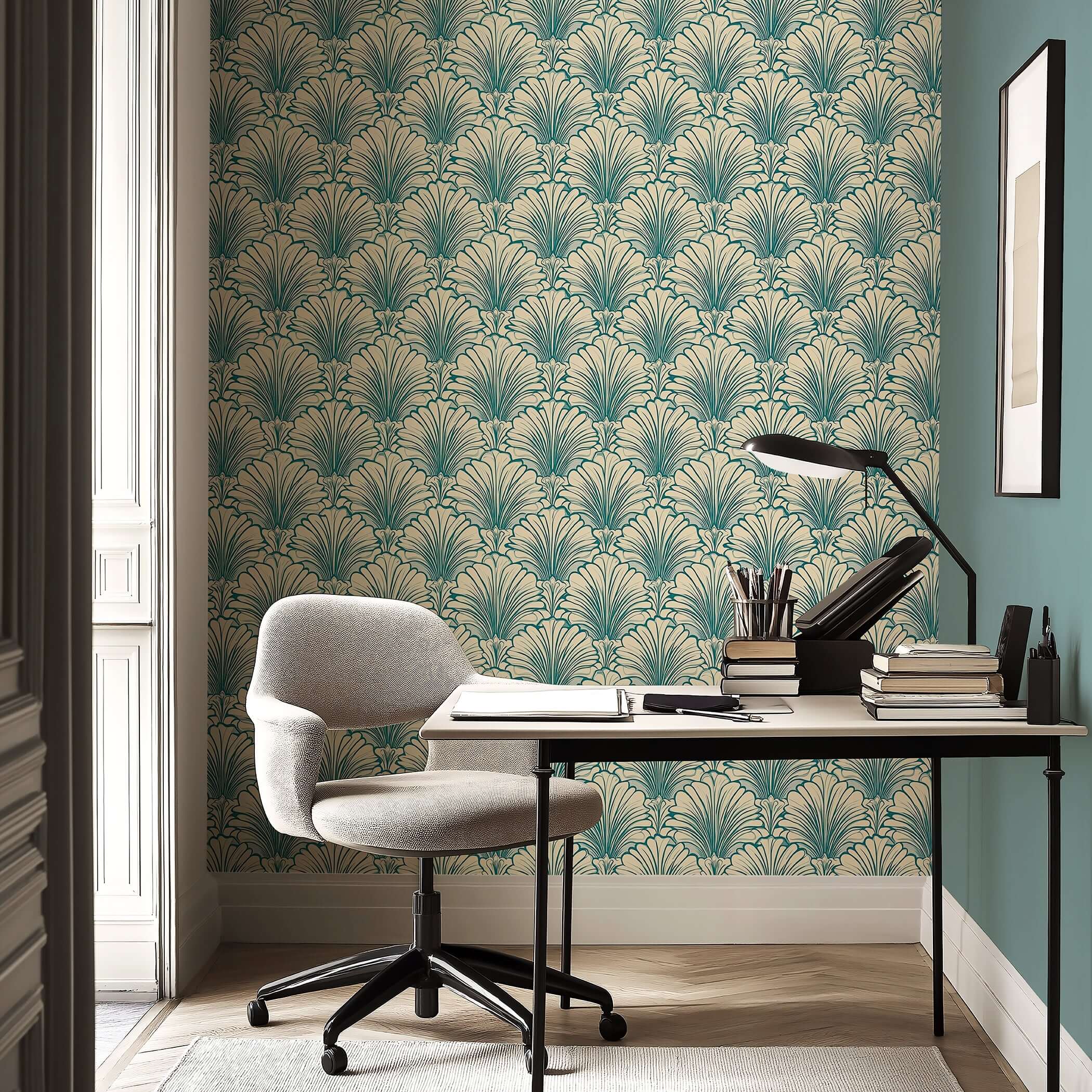 Art Deco teal and cream wallpaper with fan motifs, creating a coastal-inspired accent wall in a stylish home office setting.