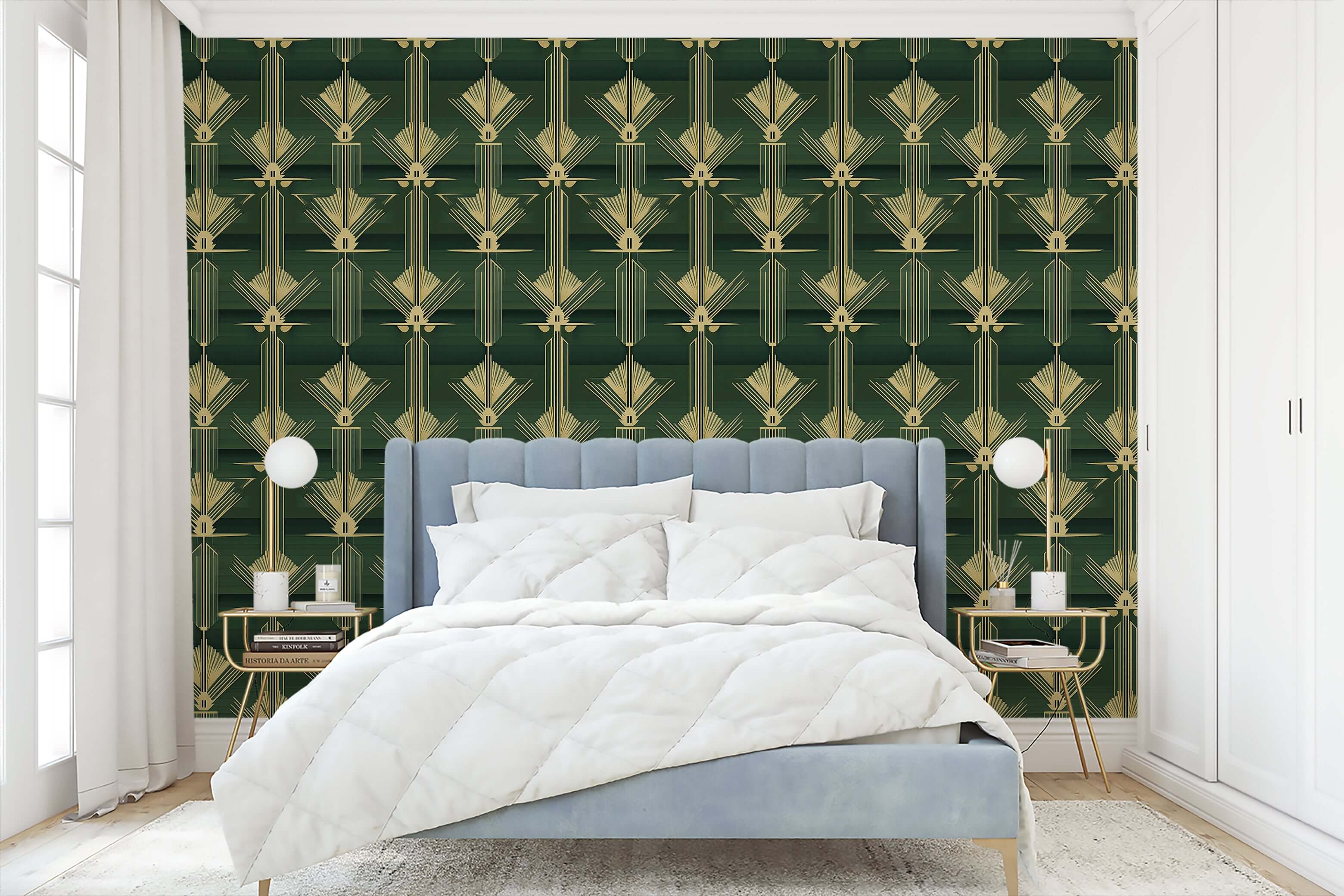 Art Deco wallpaper in emerald green and gold design, creating a sophisticated accent wall in a modern bedroom setting.