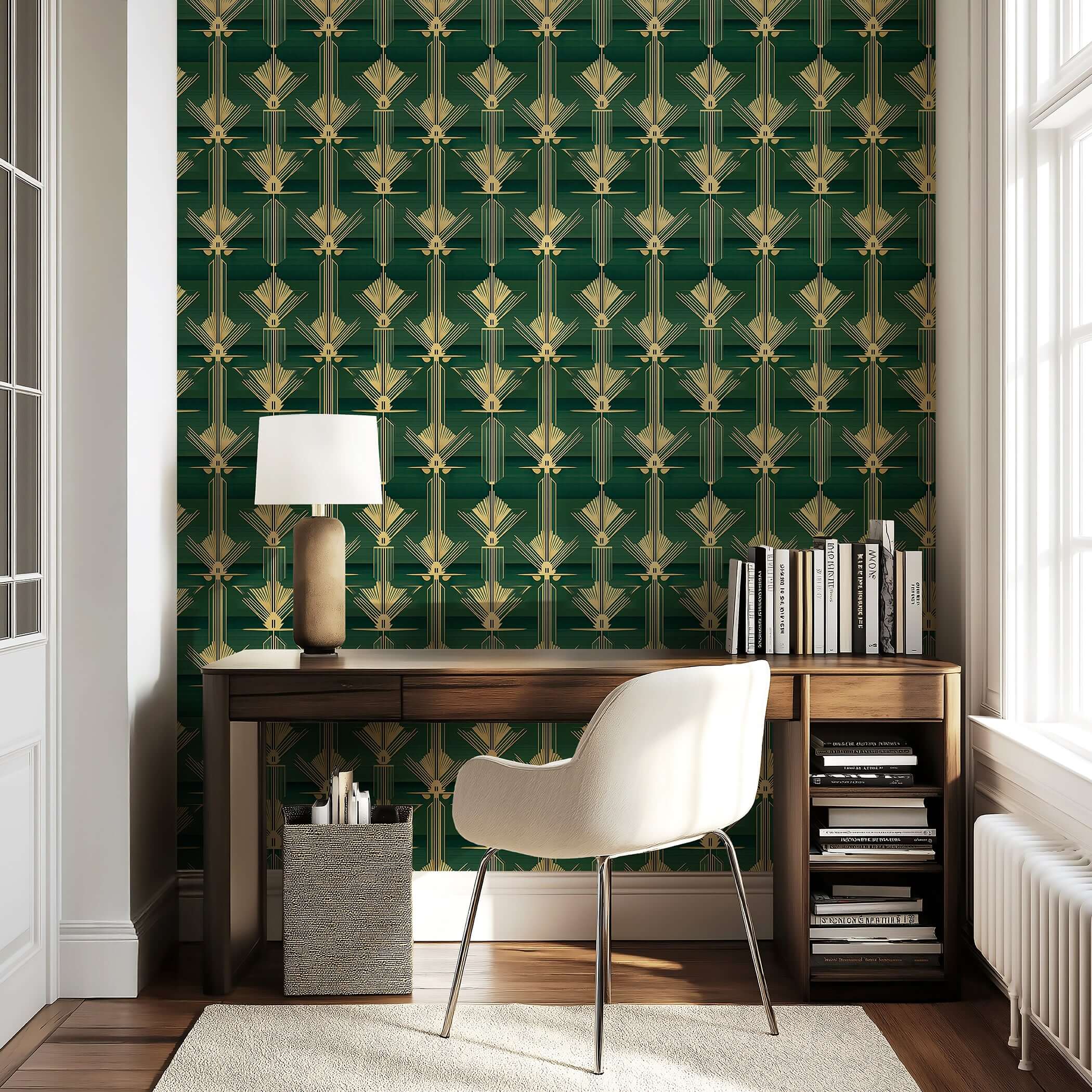 Art Deco style emerald and gold wallpaper in a study with a desk and chair, enhancing sophistication and elegance.