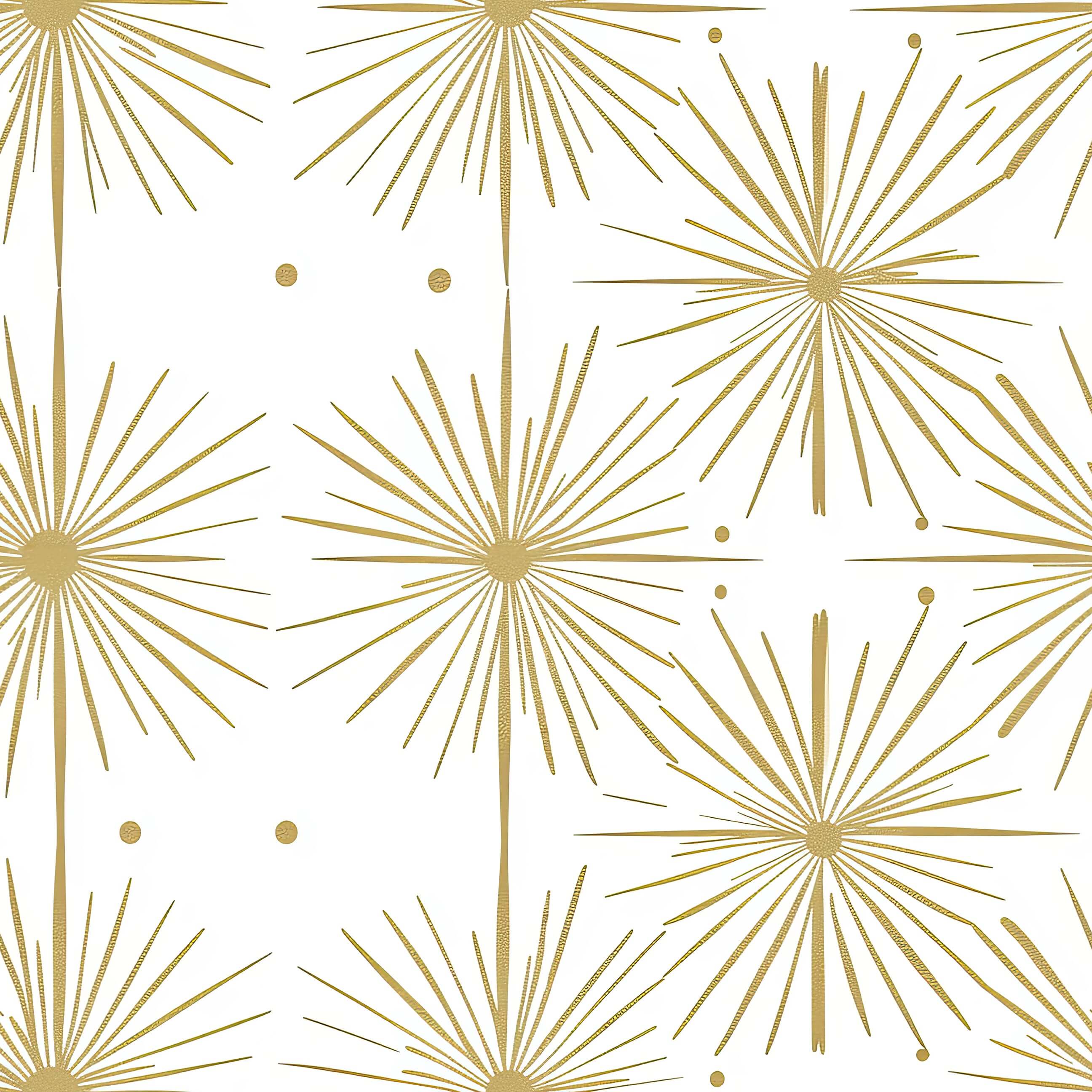 Deco Glow Gold Wallpaper featuring Art Deco starburst motifs on white, perfect for adding mid-century-modern flair to any room.