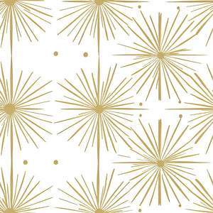 Deco Glow Gold Wallpaper featuring Art Deco starburst motifs on white, perfect for adding mid-century-modern flair to any room.