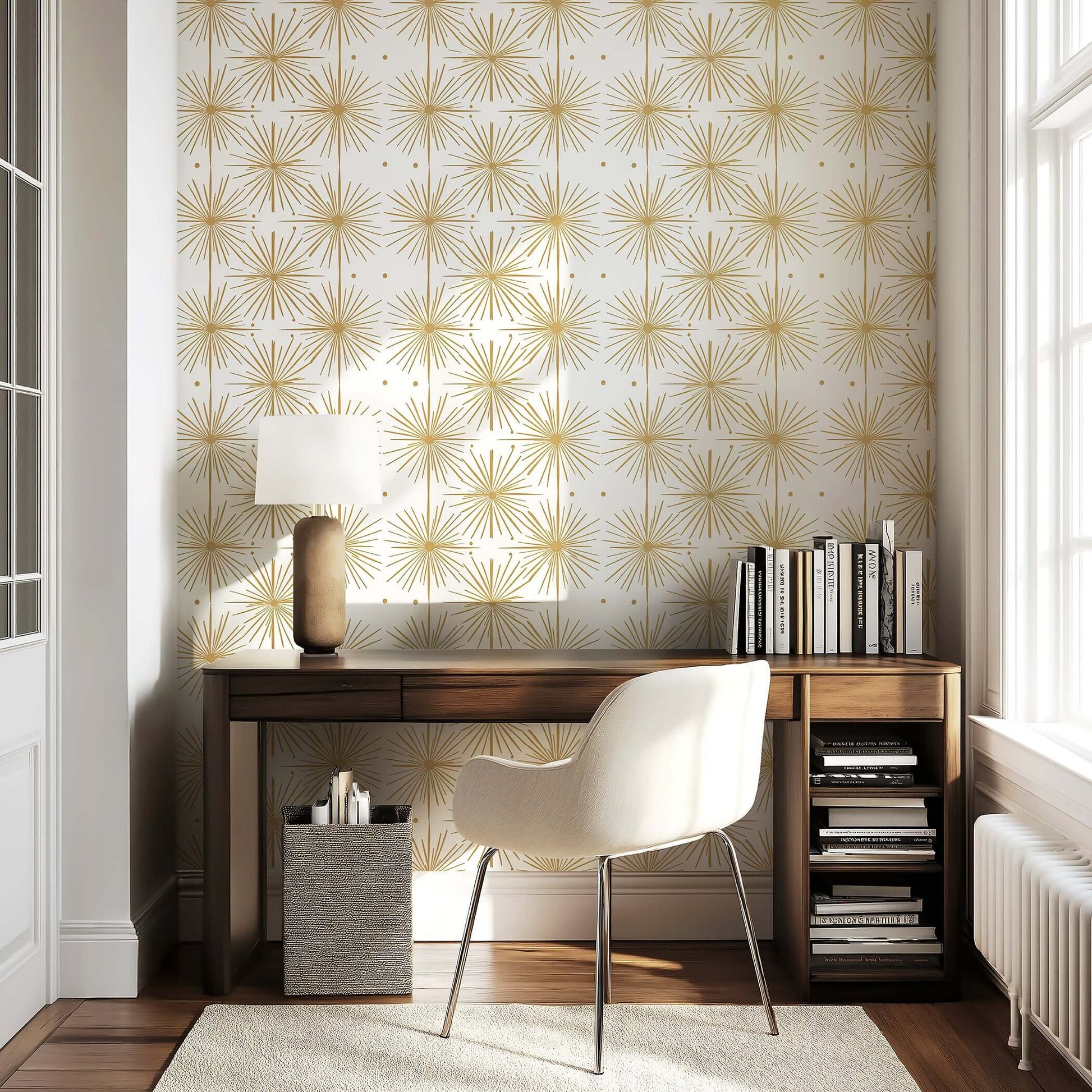 Deco Glow Gold wallpaper in a stylish home office, featuring Art Deco starburst patterns, adding a mid-century-modern touch.
